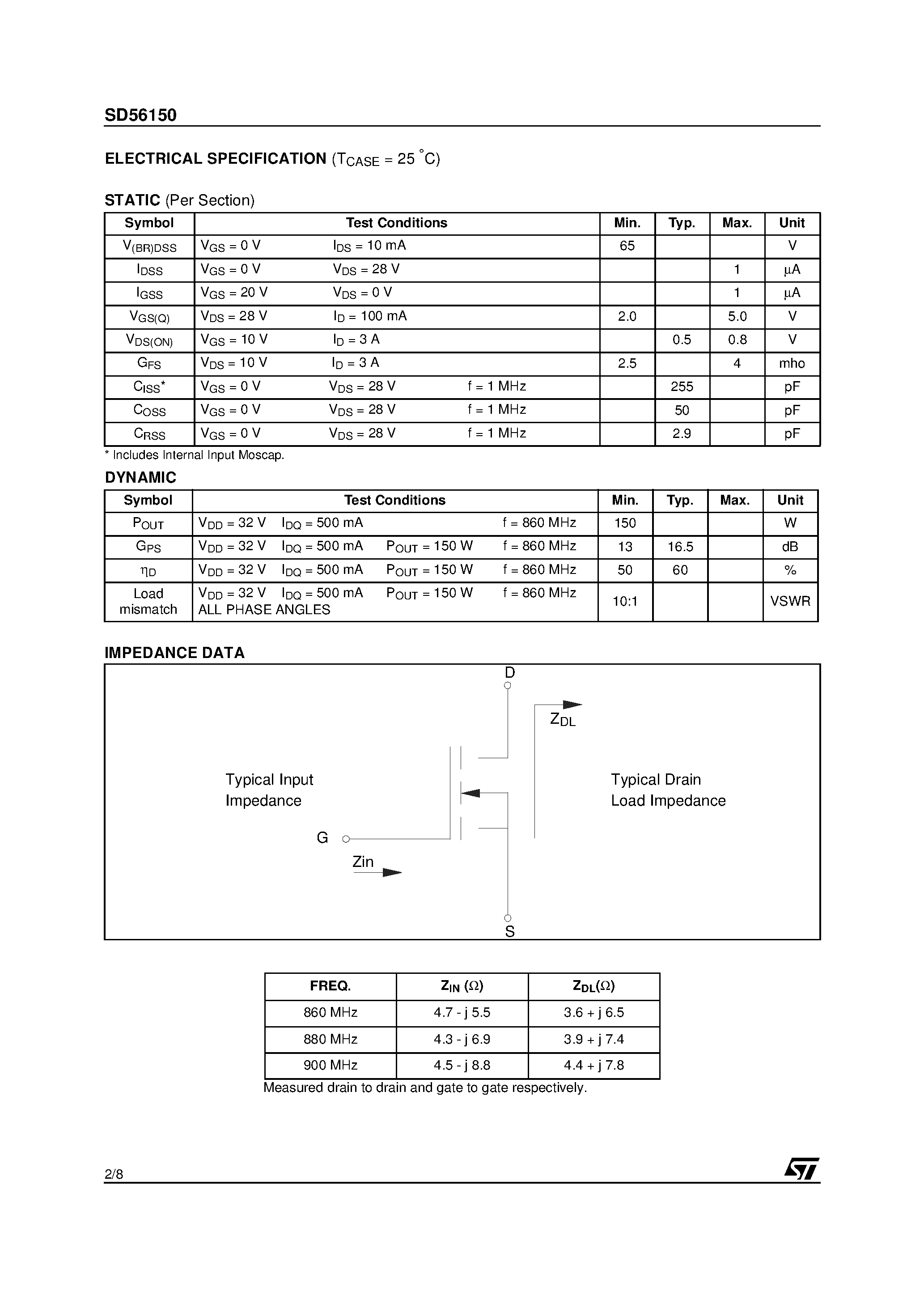 Datasheet SD56150 - RF POWER TRANSISTORS The LdmoST FAMILY page 2