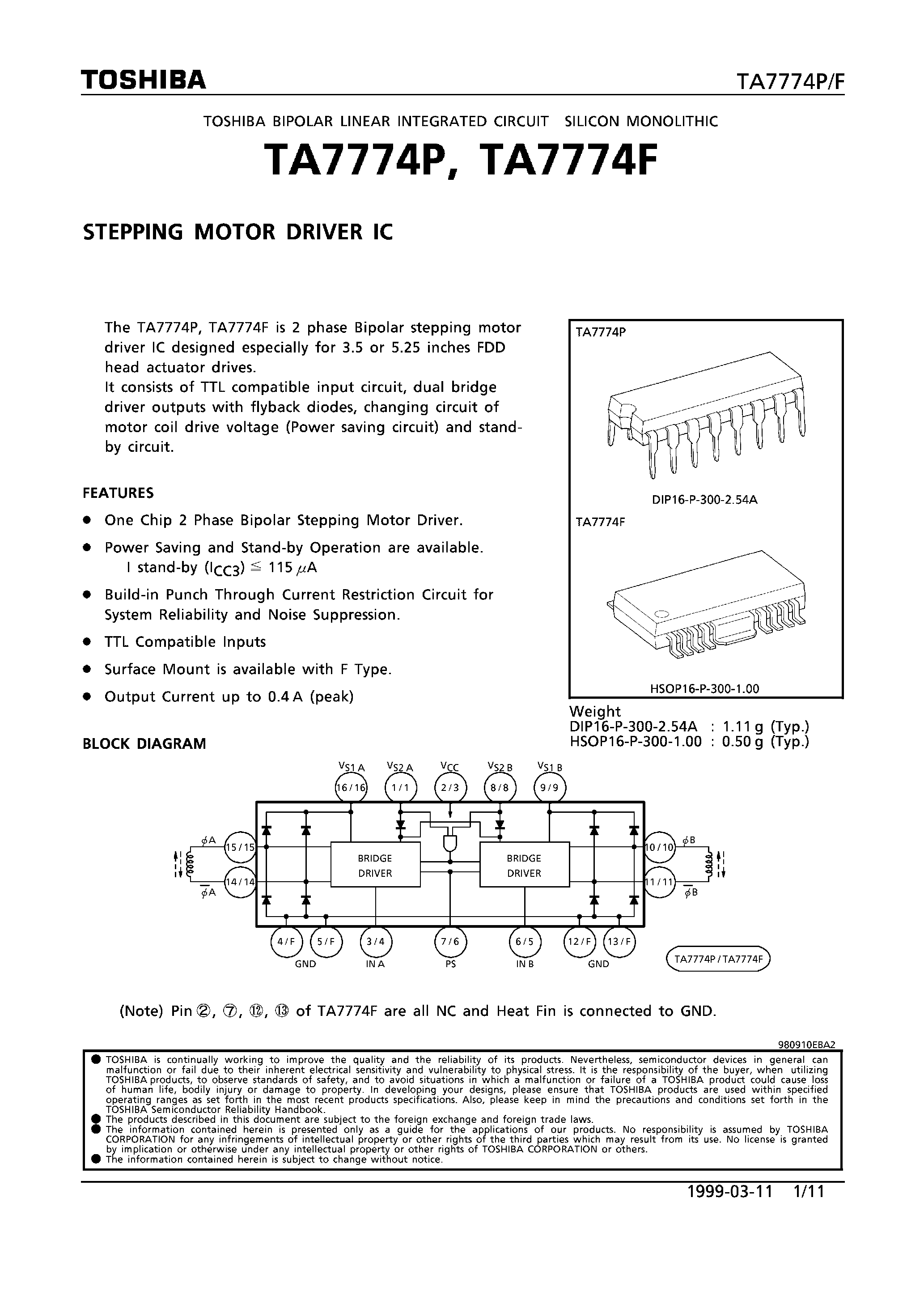 Даташит TA7774F - (TA7774F/P) STEPPING MOTOR DRIVER IC страница 1