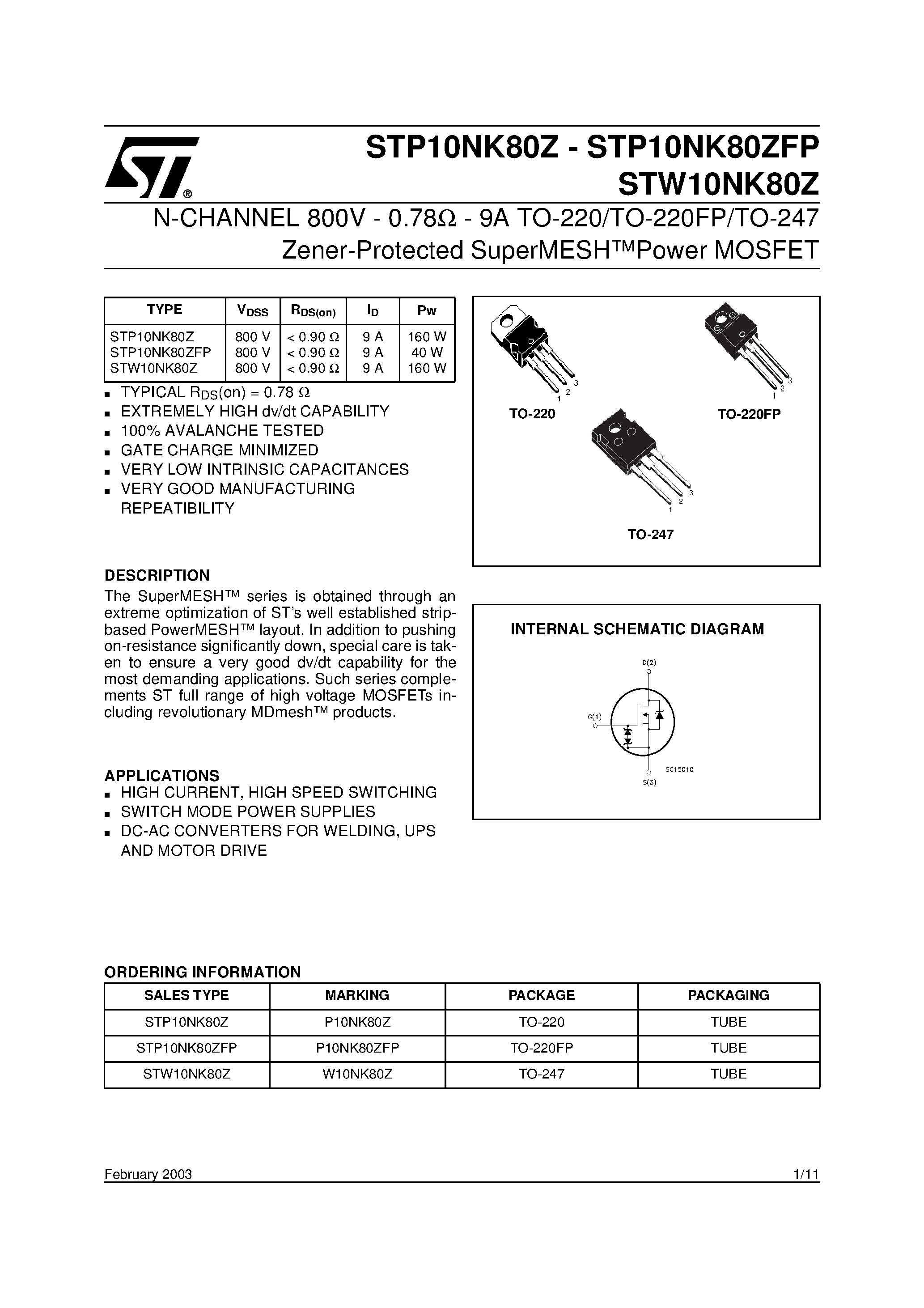 Datasheet STW10NK80Z - N-CHANNEL Power MOSFET page 1