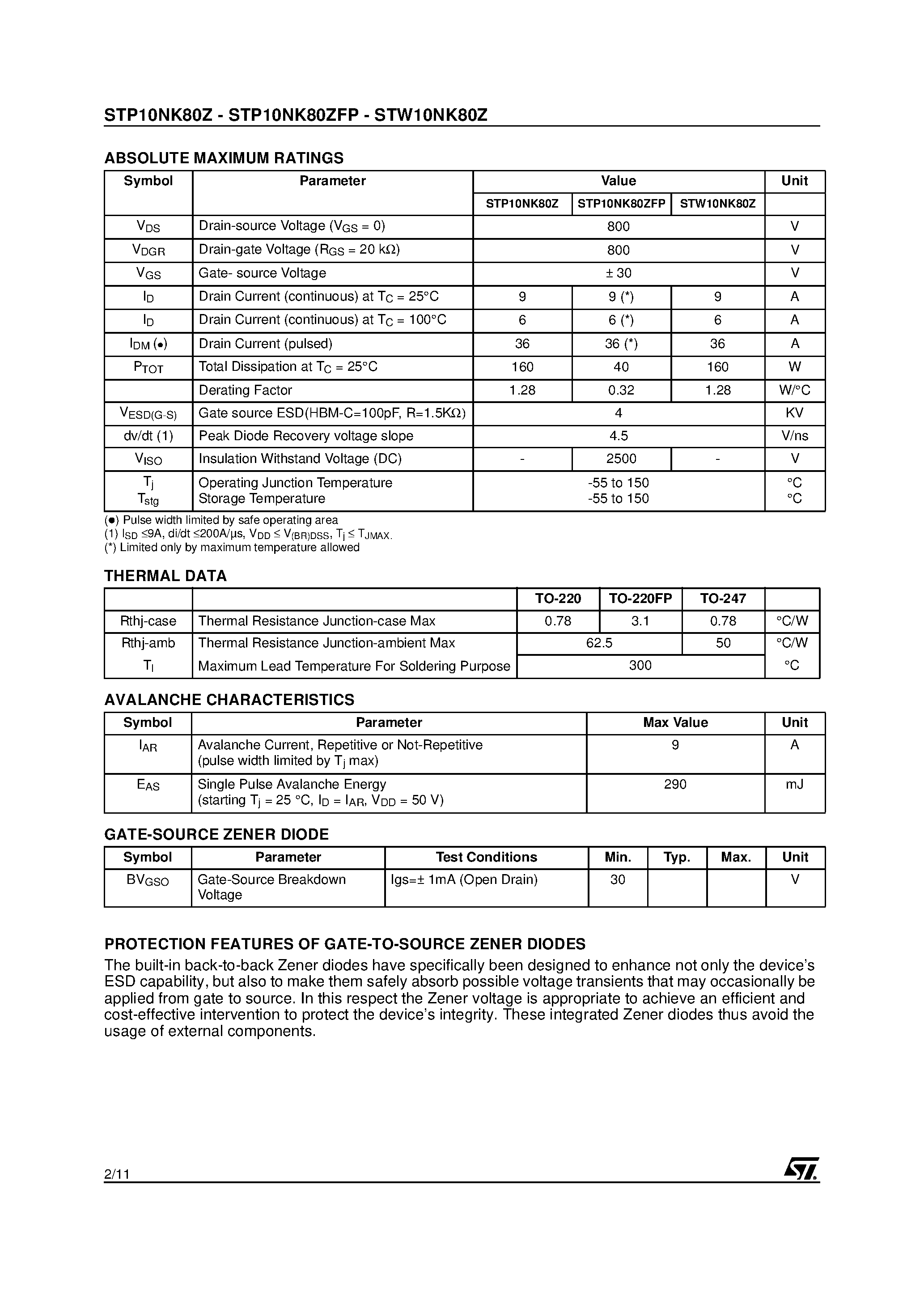 Datasheet STW10NK80Z - N-CHANNEL Power MOSFET page 2