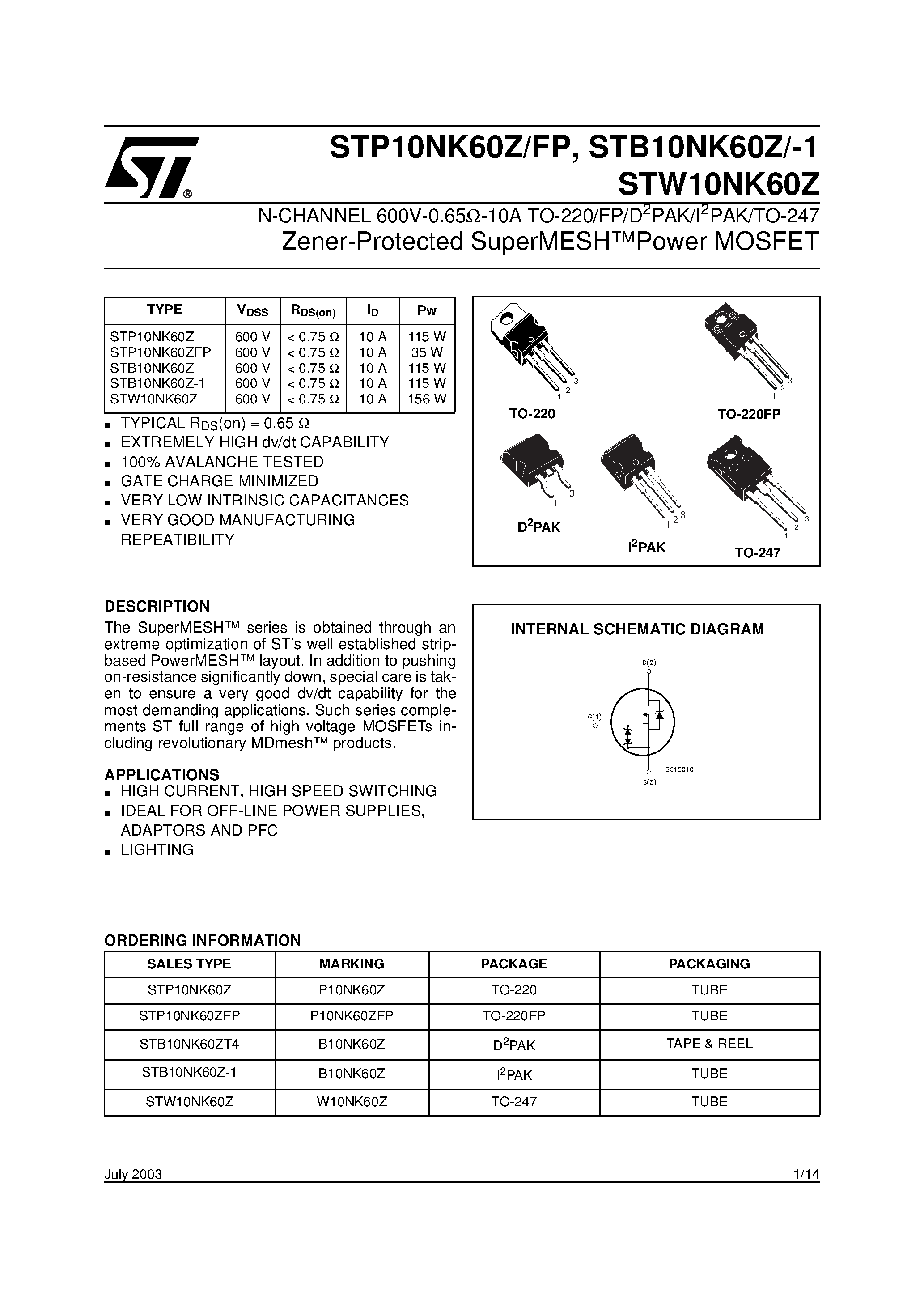 Datasheet STW10NK60Z - N-CHANNEL Power MOSFET page 1