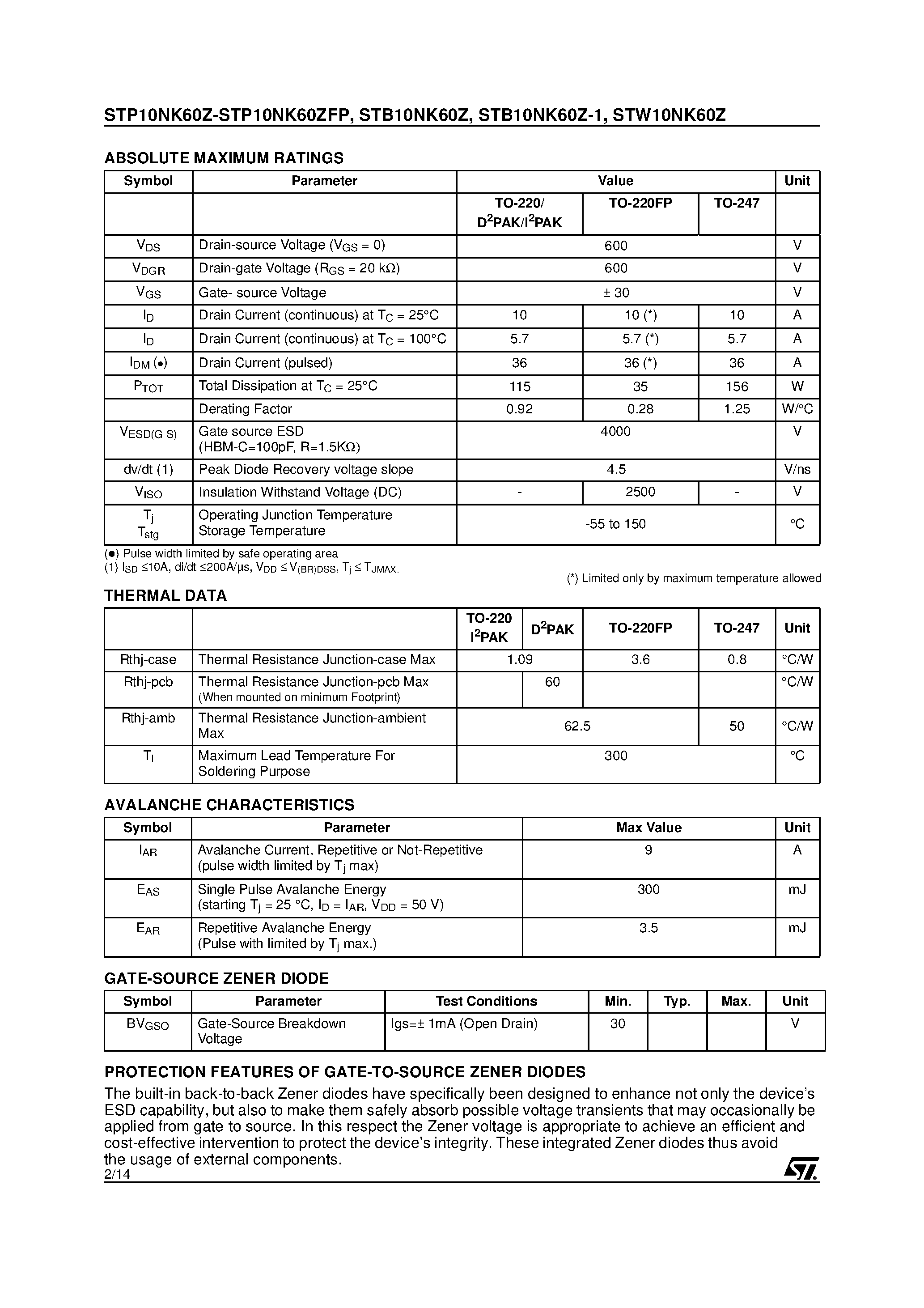 Datasheet STW10NK60Z - N-CHANNEL Power MOSFET page 2