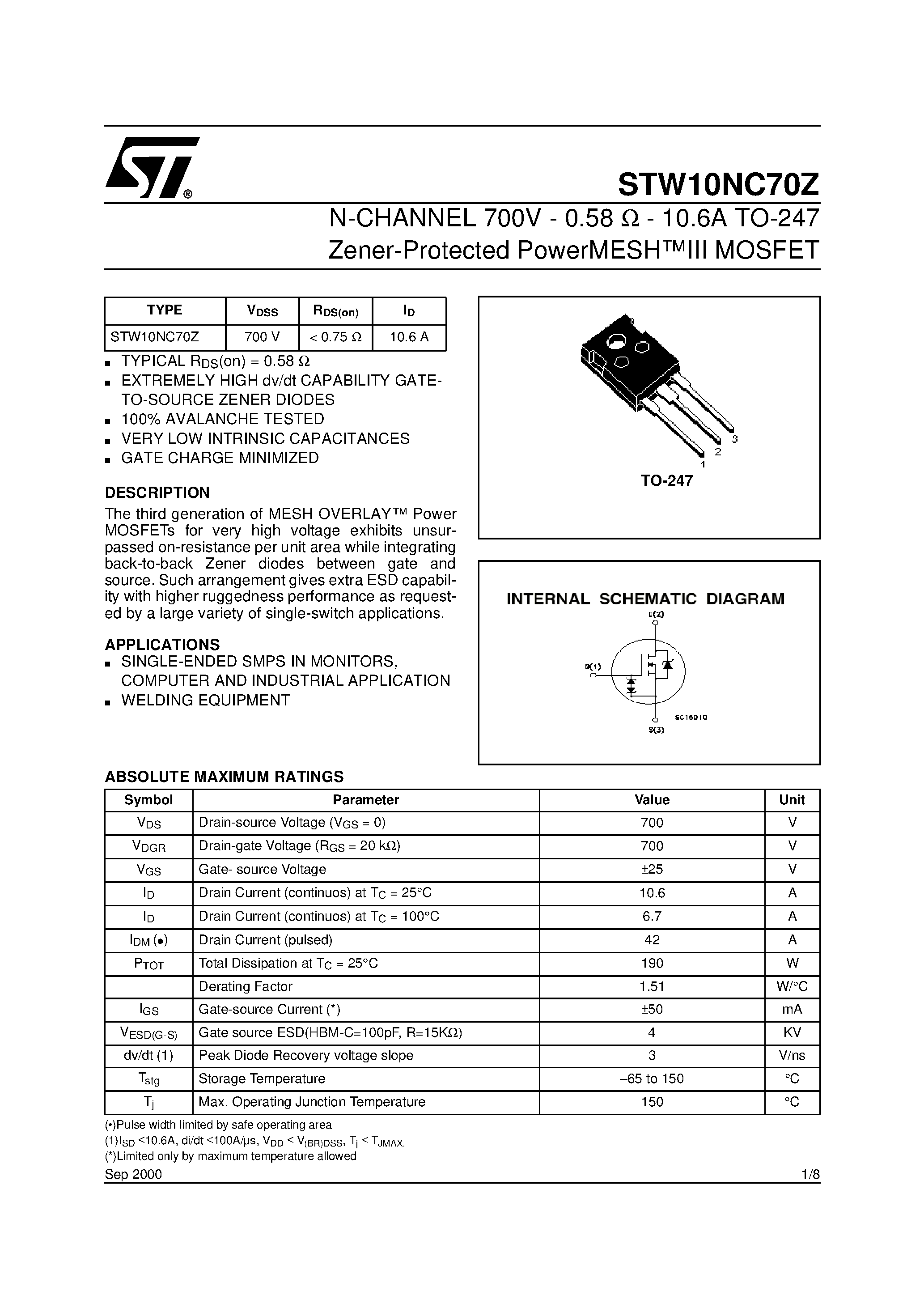 Datasheet STW10NC70Z page 1 Datasheet STW10NC70Z - N-CHANNEL Power MOSFET page 1
