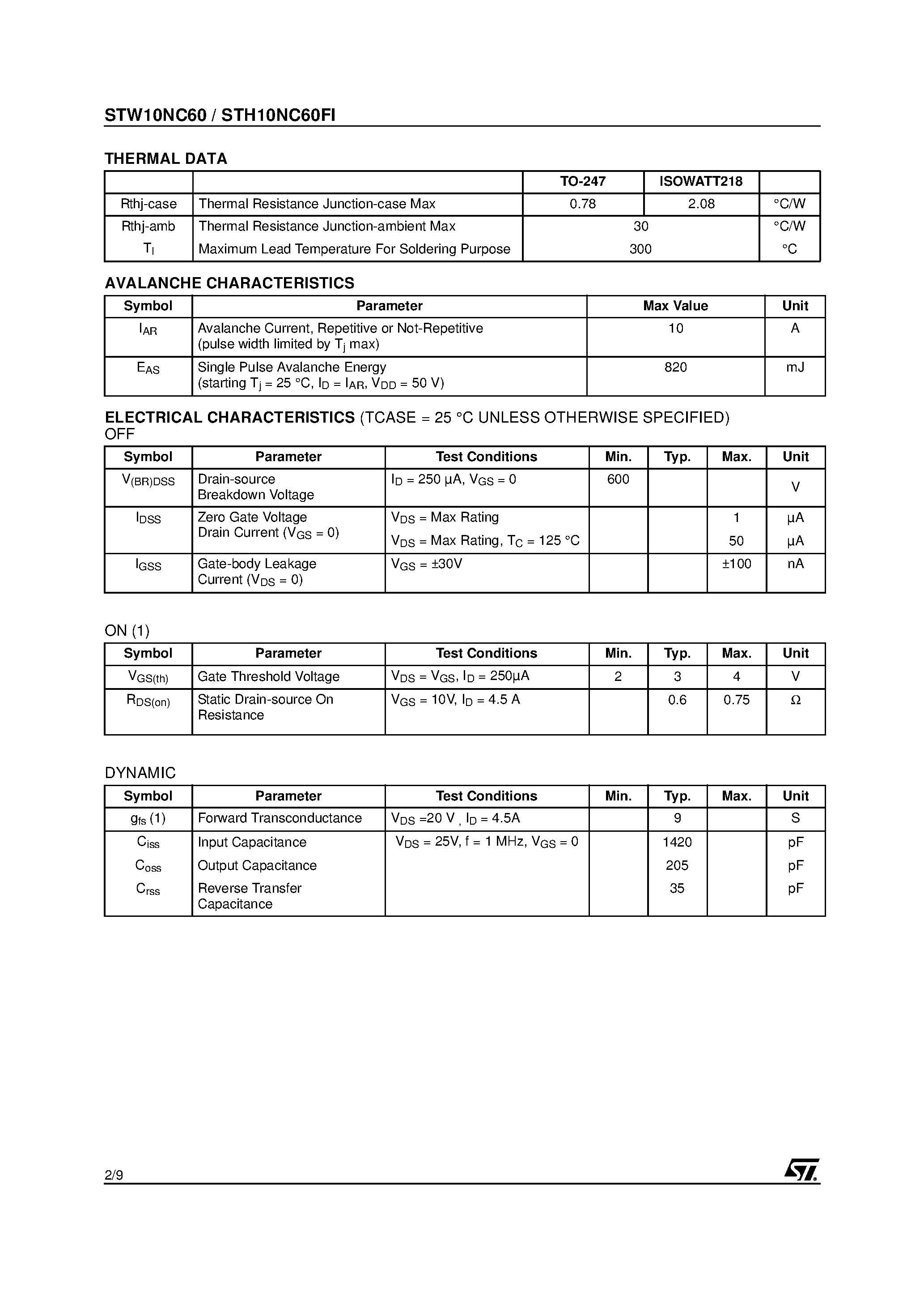 Datasheet STW10NC60 - N-CHANNEL Power MOSFET page 2
