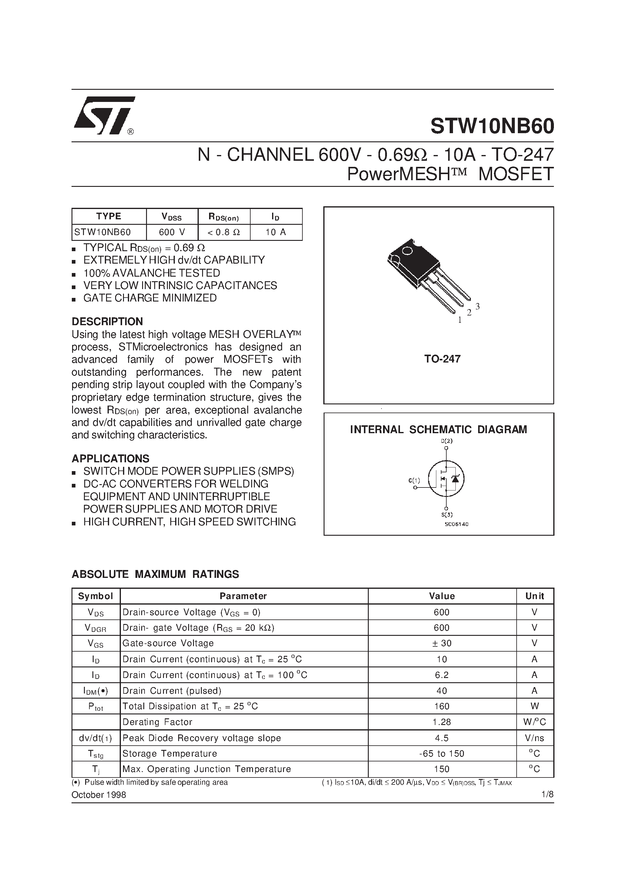 Datasheet STW10NB60 page 1 Datasheet STW10NB60 - N-CHANNEL Power MOSFET page 1