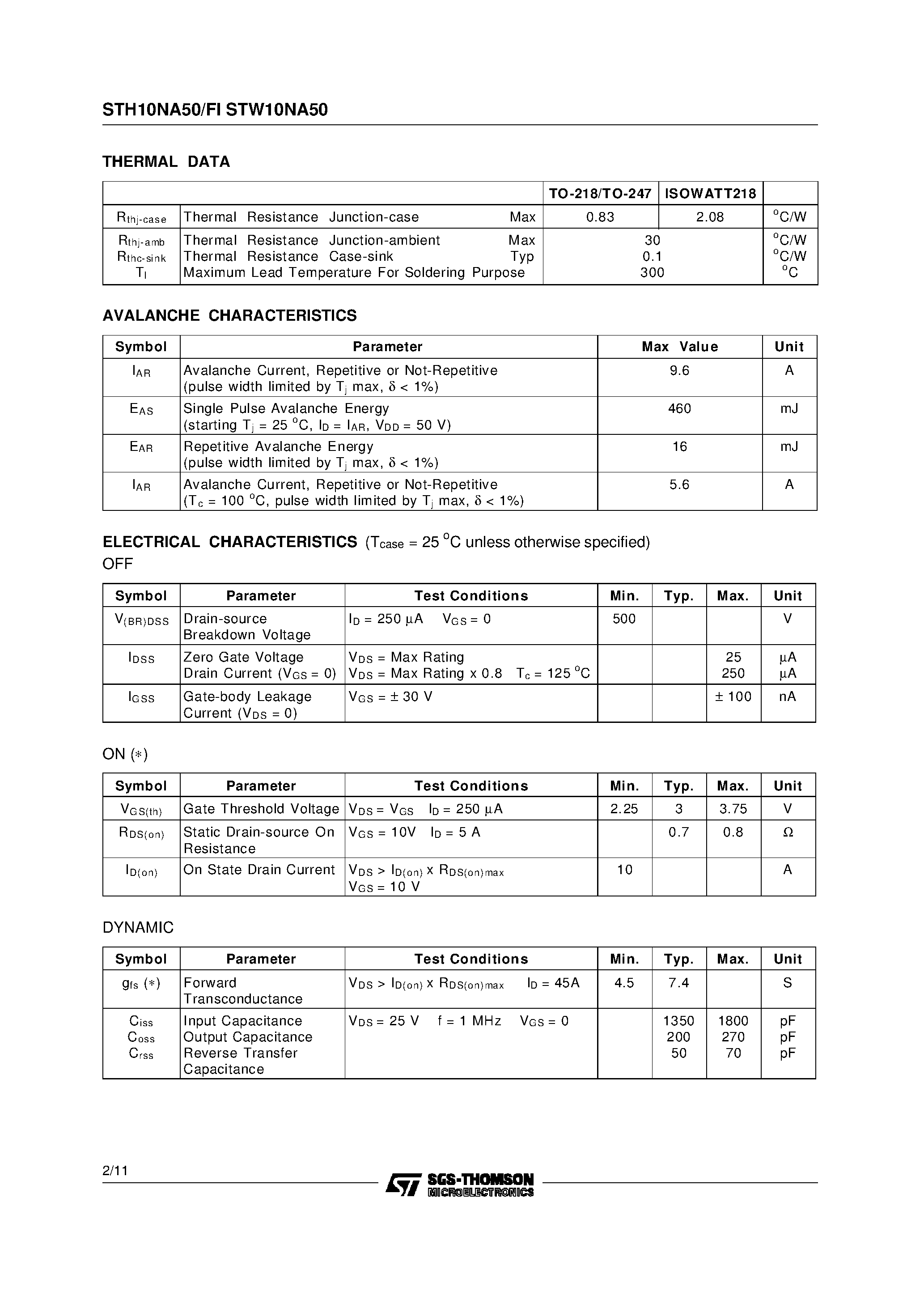 Datasheet STW10NA50 - N - CHANNEL ENHANCEMENT MODE FAST POWER MOS TRANSISTOR page 2