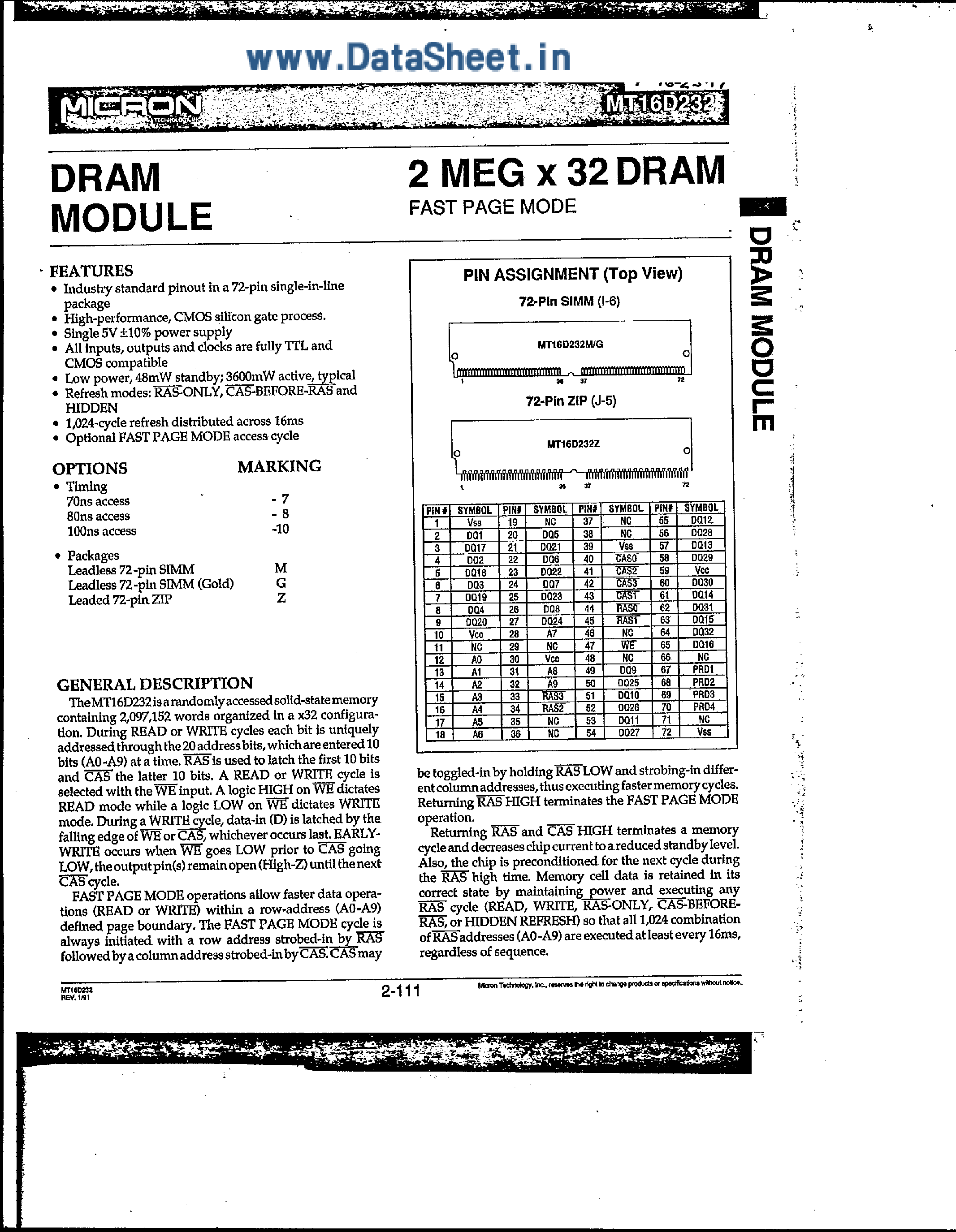Даташит на микросхему MT16D232 страница 1 Даташит MT16D232 - 2Meg x 32 DRAM страница 1