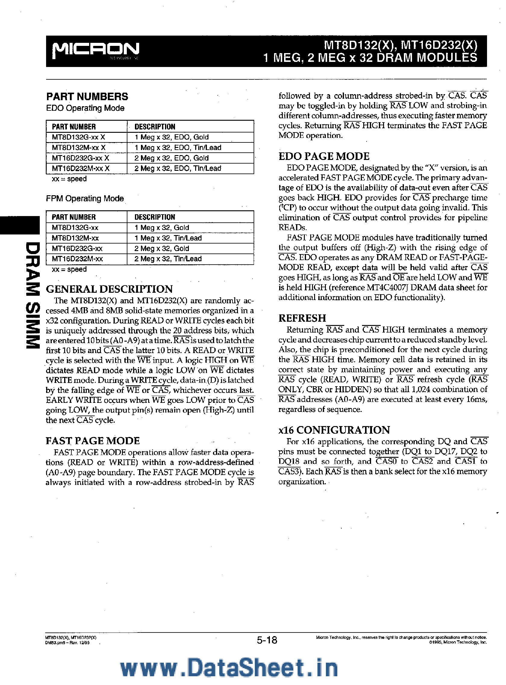 Datasheet MT8D132x page 2 Datasheet MT8D132x - 1 Meg / 2 Meg x 32 DRAM Module page 2