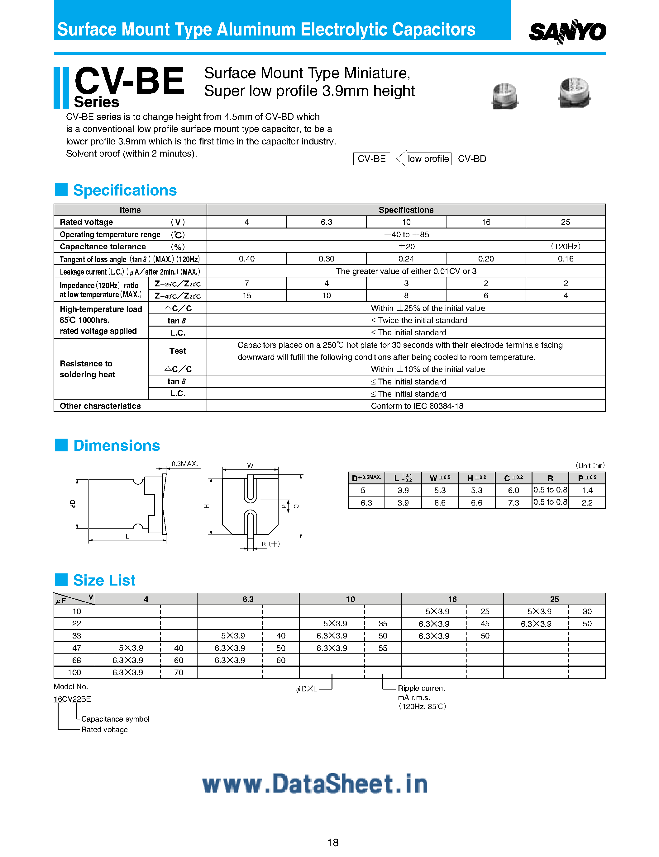 Datasheet 10CVxx - Surface mount Type Aluminum Electrolytic Capacitors page 1