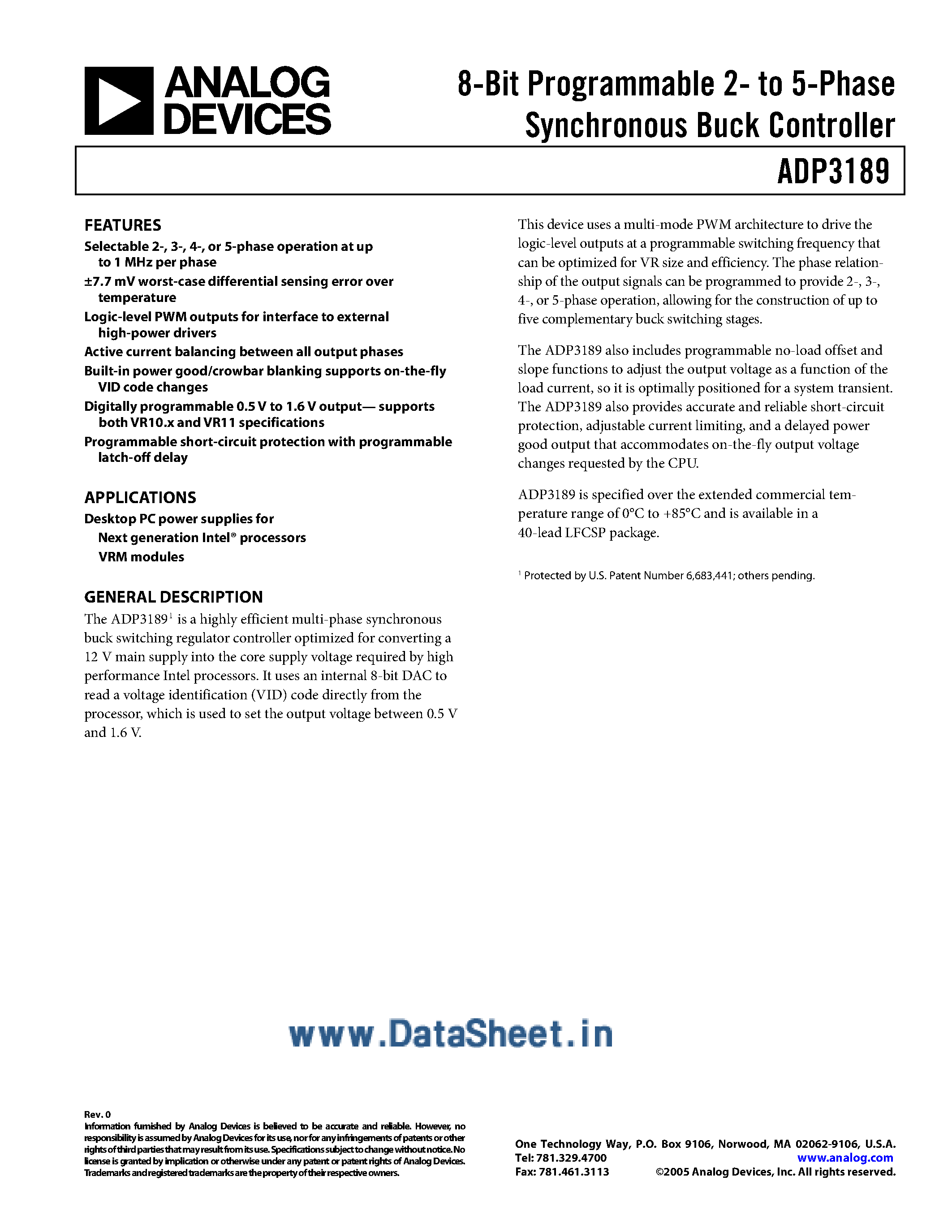 Datasheet ADP3189 - Synchronous Buck Controller page 1