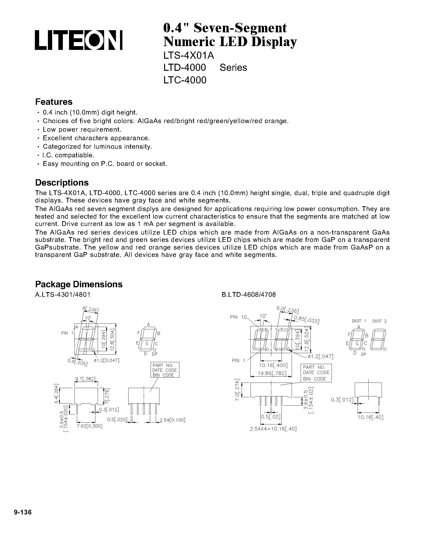 Даташит на микросхему LTS-4301WC страница 1 Даташит LTS-4301WC - (LTC-4xxx / LTD-4xxx / LTS-4x01A) 7-Segment Numeric LED Display страница 1