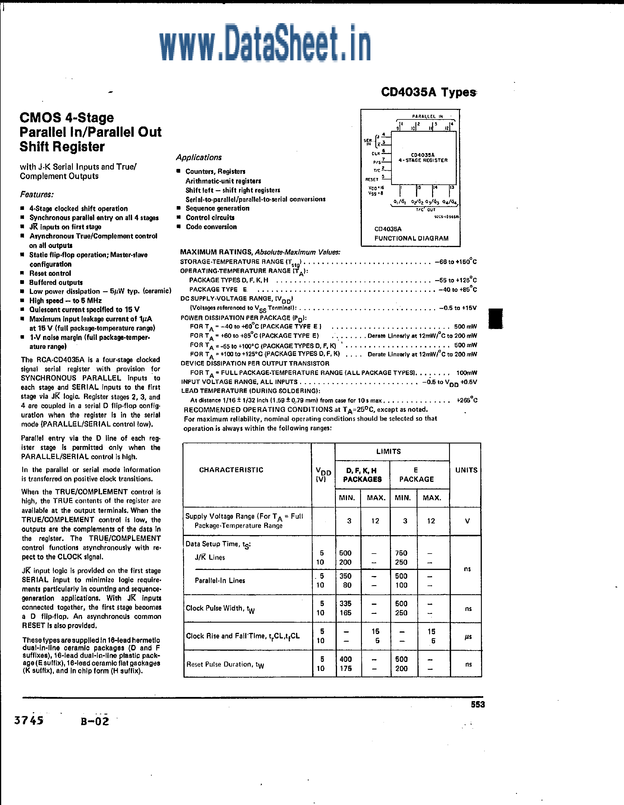 Datasheet CD4035A page 1 Datasheet CD4035A - CMOS 4-Stage Parallel in / out Shift Register page 1