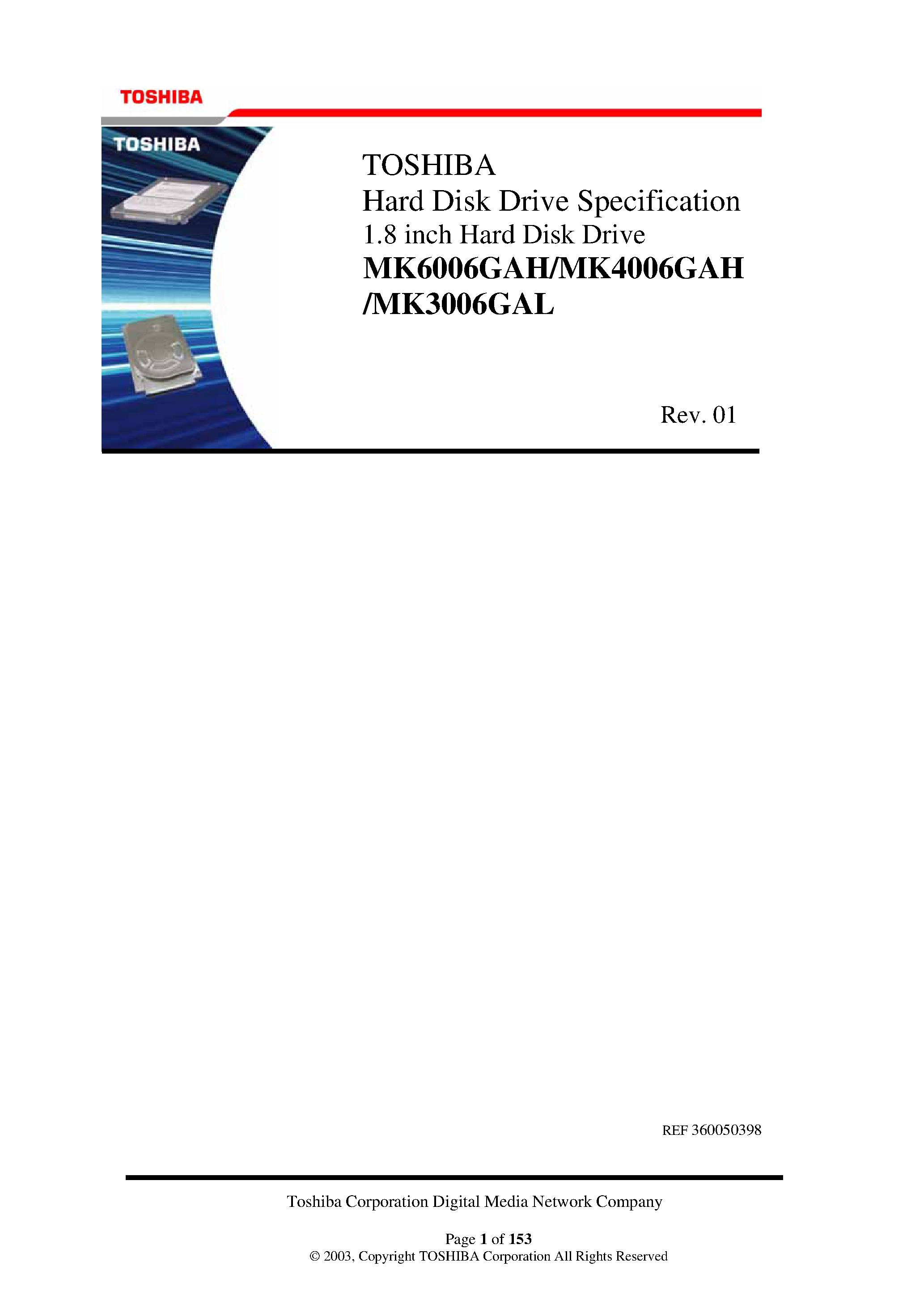 Datasheet MK6006GAH - Hard Disk Drive 1.8 Inch page 1