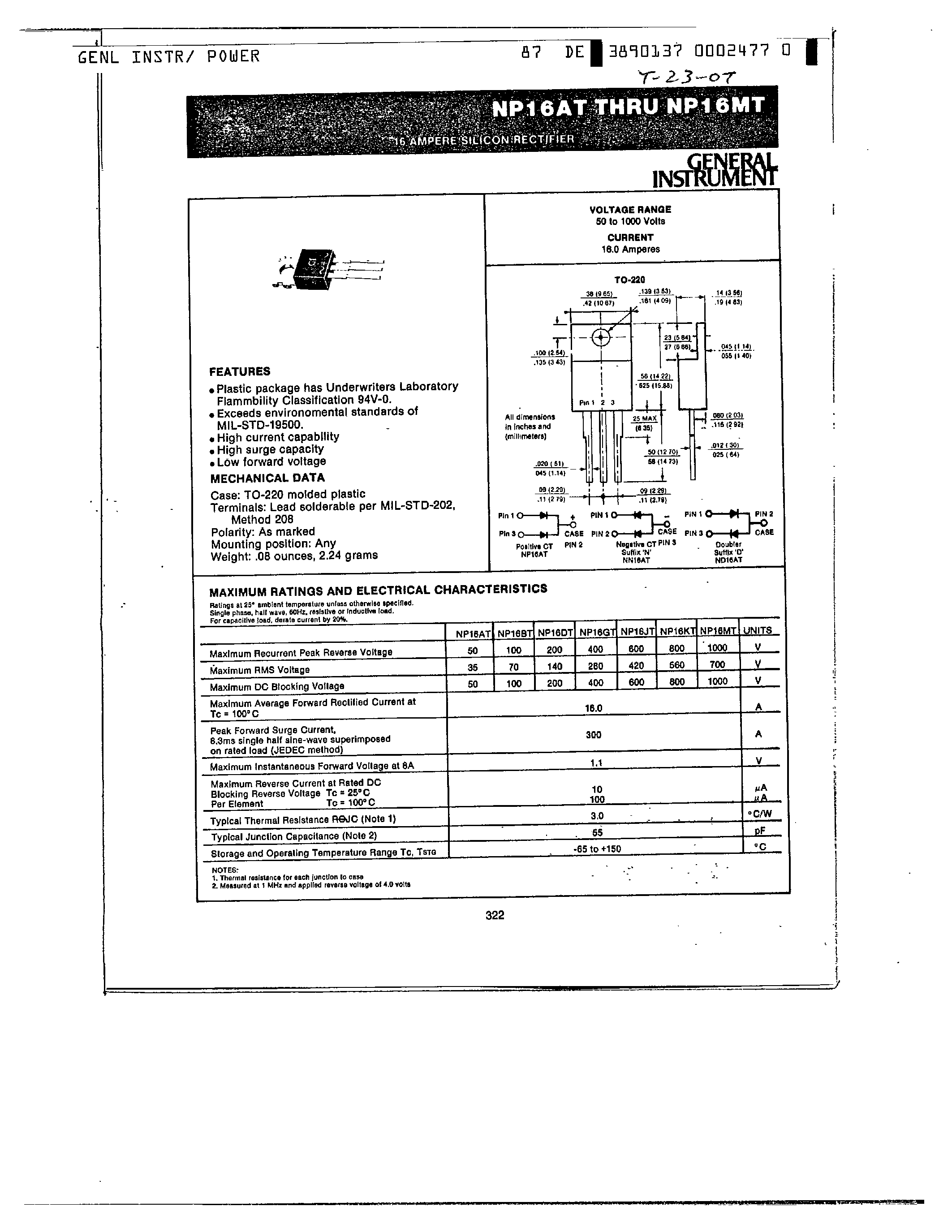 Даташит NP16 - 16 AMPERE SILICON RECTIFIER страница 1
