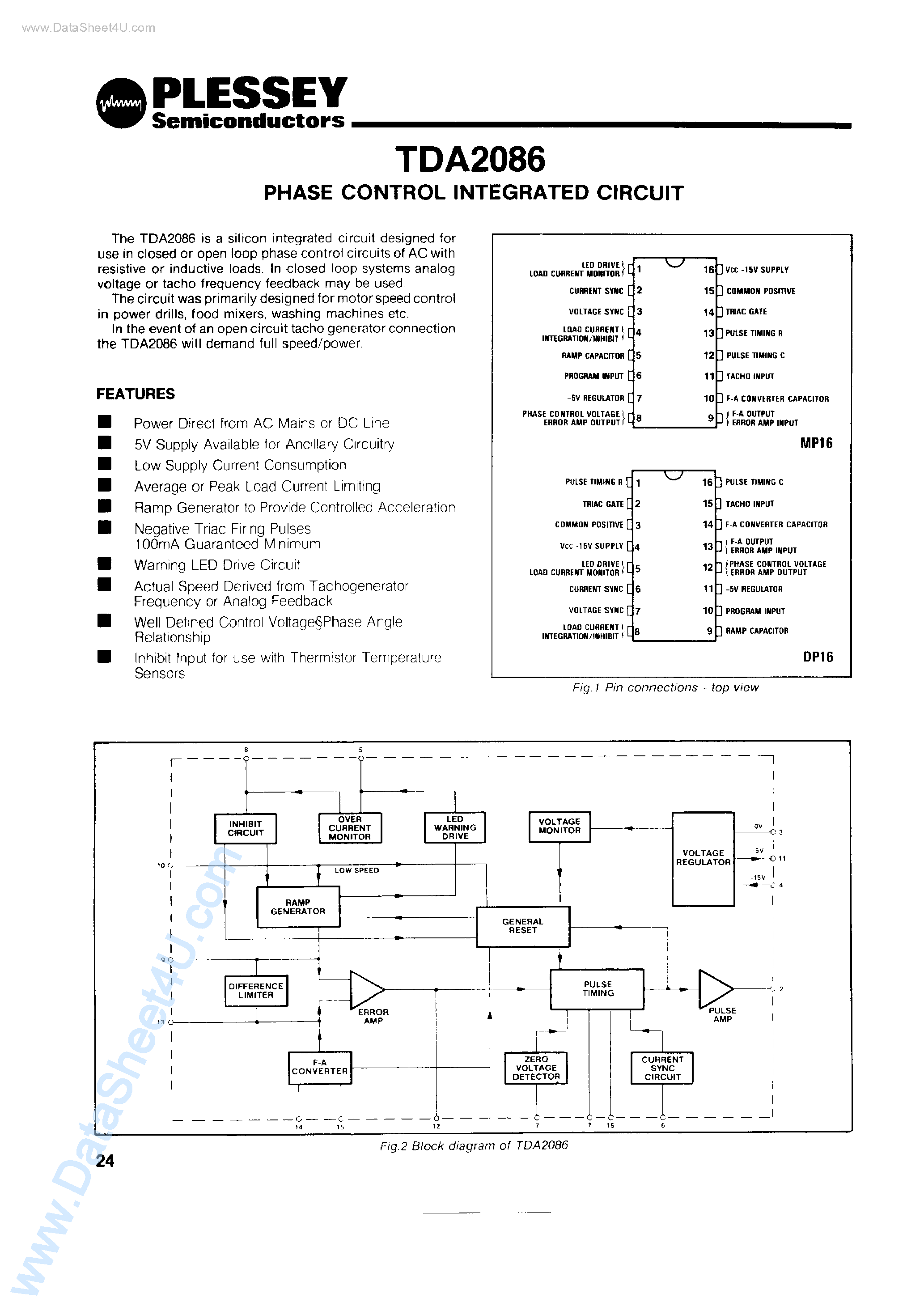 Datasheet TDA-2086 page 1 Datasheet TDA-2086 - Phase Control Integrated Circuit page 1