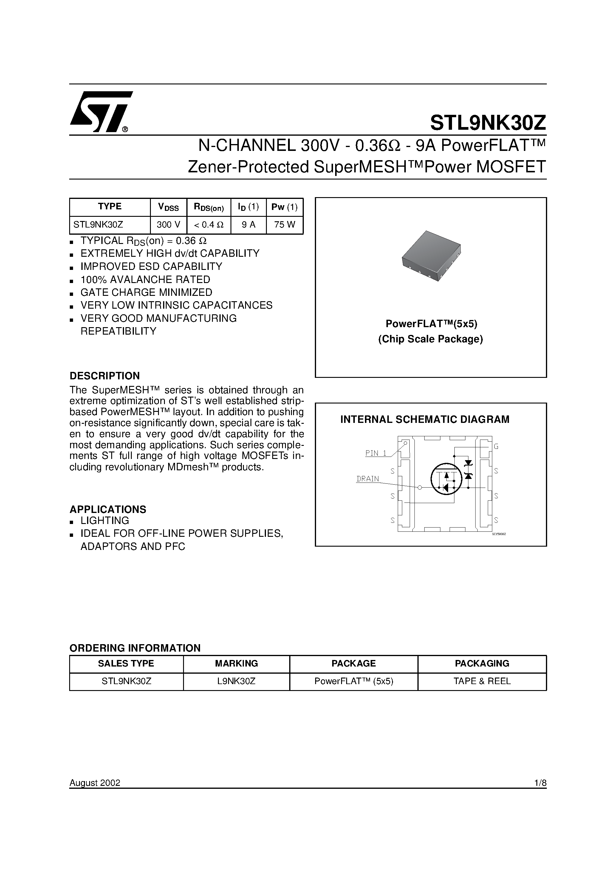 Datasheet STL9NK30Z - N-CHANNEL Power MOSFET page 1
