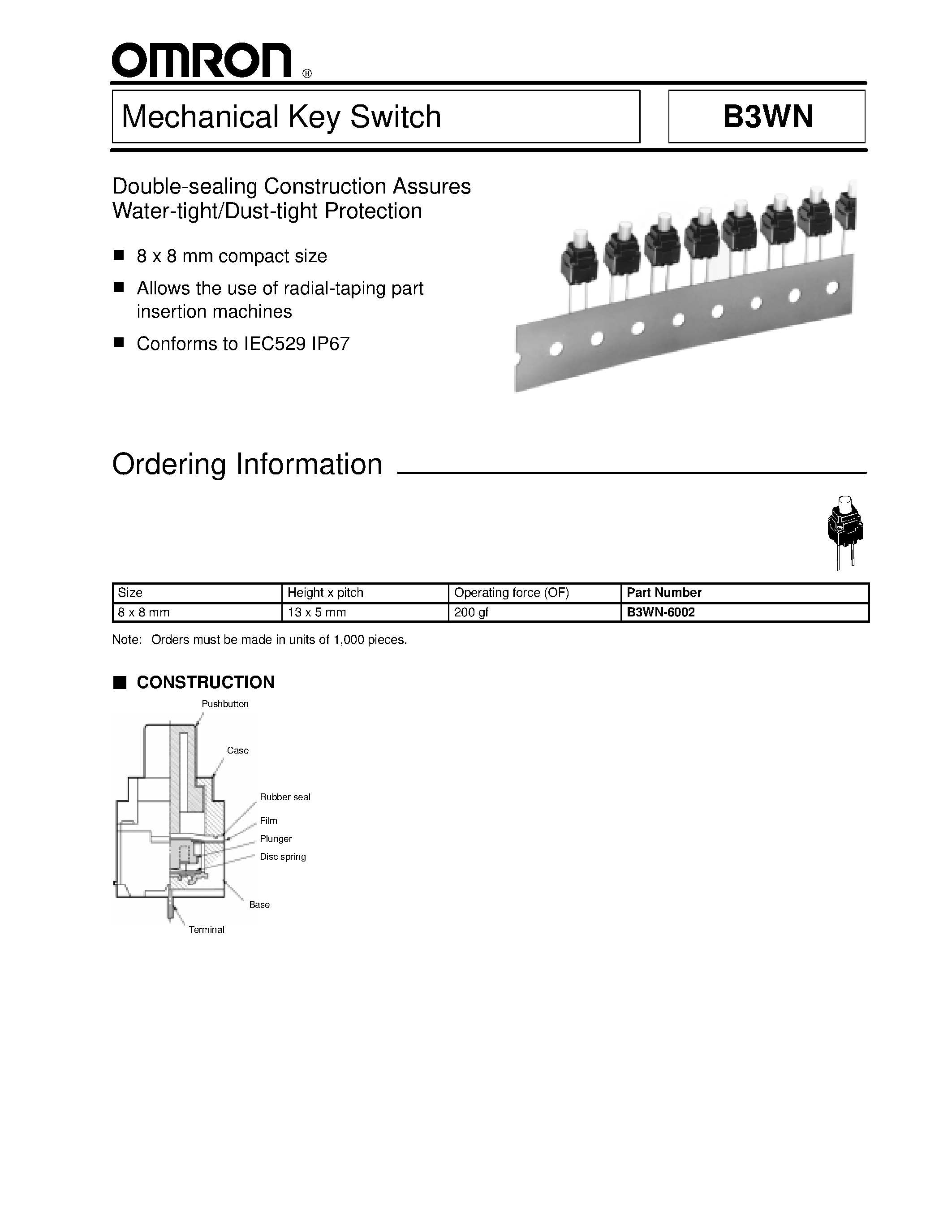 Даташит B3WN - Mechanical Key Switch страница 1