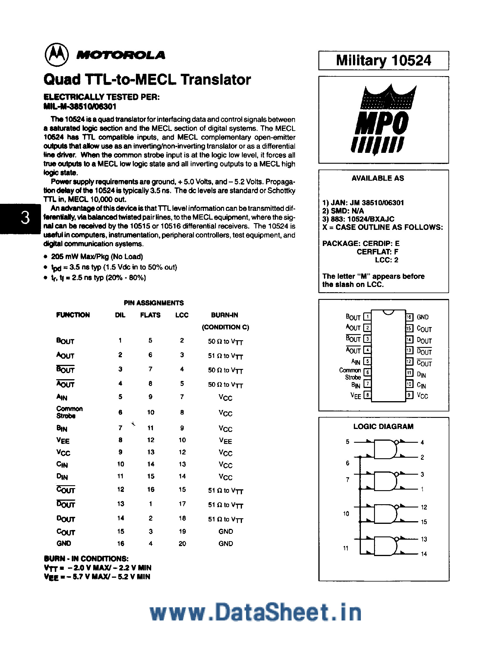 Даташит на микросхему MC10524 страница 1 Даташит MC10524 - Quad TTL-to-MECL Transistor страница 1