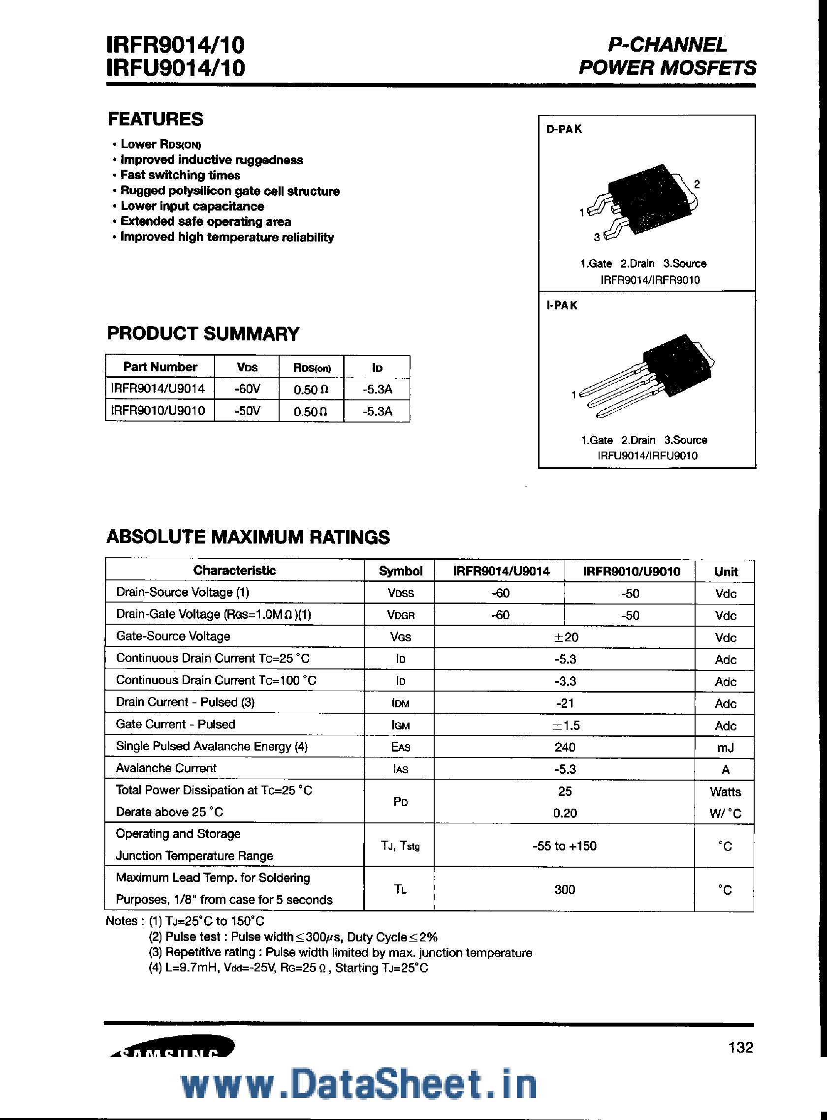 Datasheet IRFR9010 - (IRFR9010/14 / IRFU9010/14) P-Channel Power MOSFET page 1