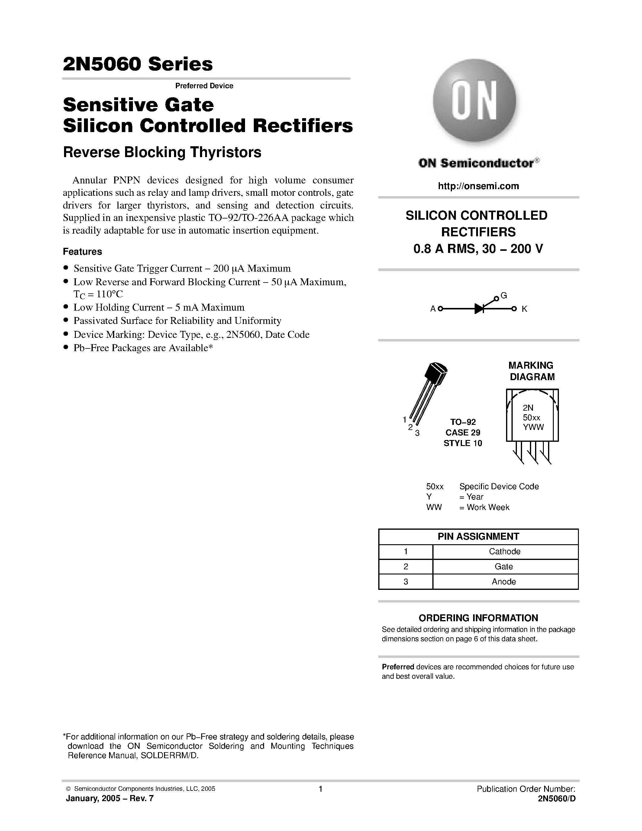 Datasheet 2N5060 page 1 Datasheet 2N5060 - (2N5060 - 2N5064) Sensitive Gate Silicon Controlled Rectifiers page 1