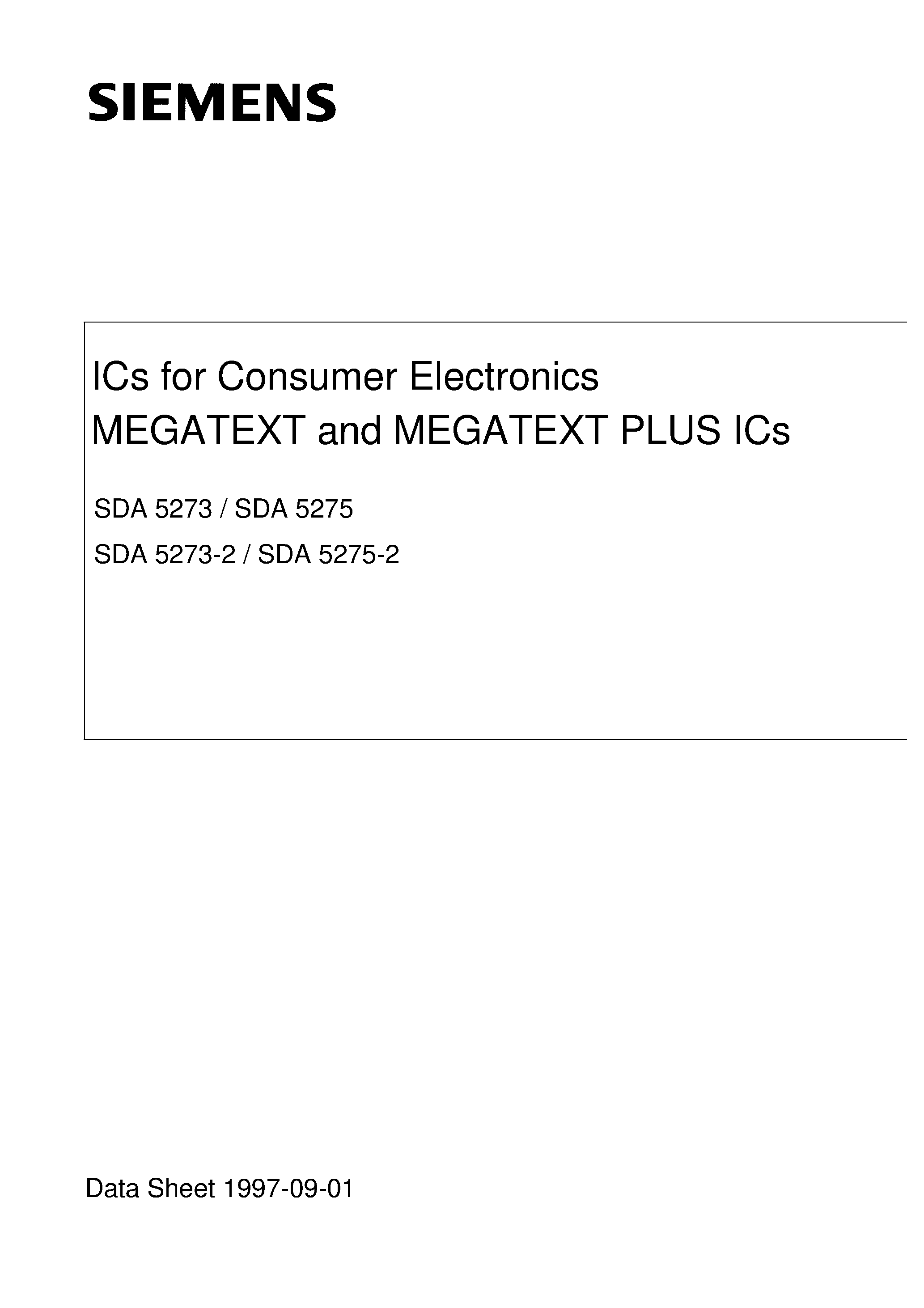 Datasheet SDA5273 - (SDA5273 / SDA5275) ICs for Consumer Electronics MEGATEXT and MEGATEXT PLUS ICs page 1