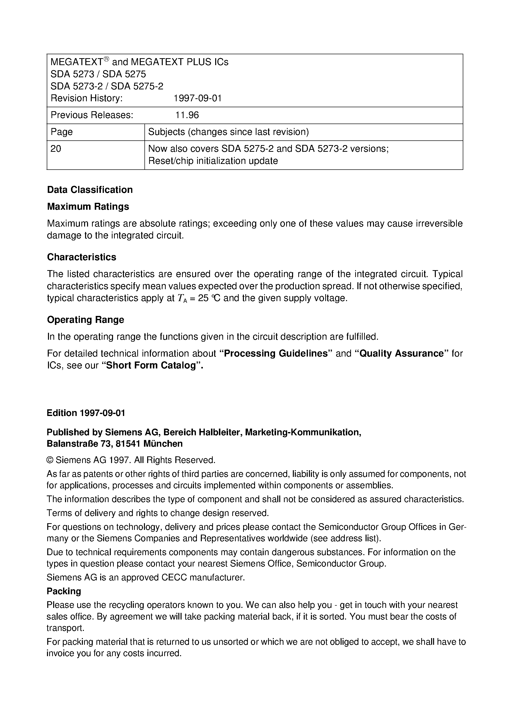Datasheet SDA5273 - (SDA5273 / SDA5275) ICs for Consumer Electronics MEGATEXT and MEGATEXT PLUS ICs page 2