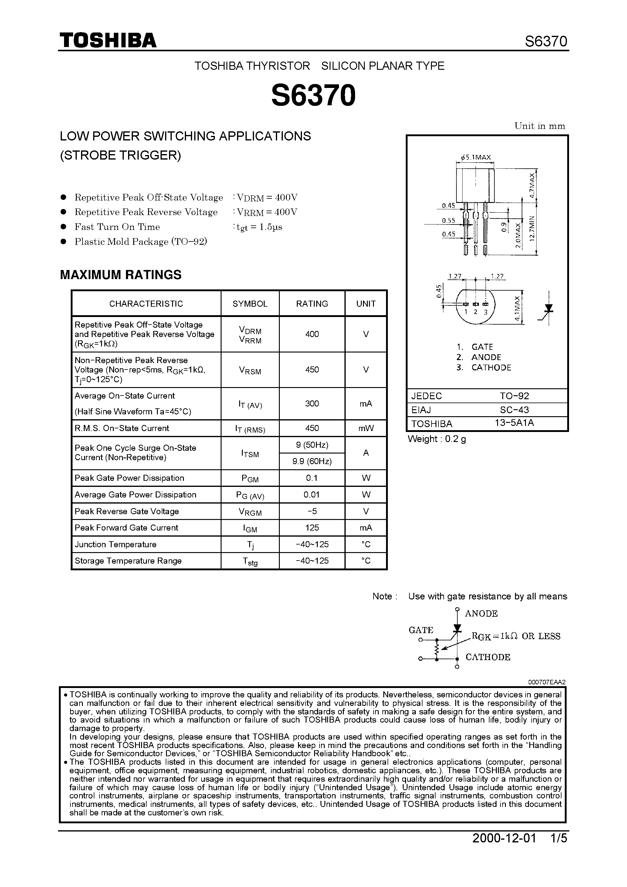 Datasheet S6370 - Low Power Switching Applications page 1