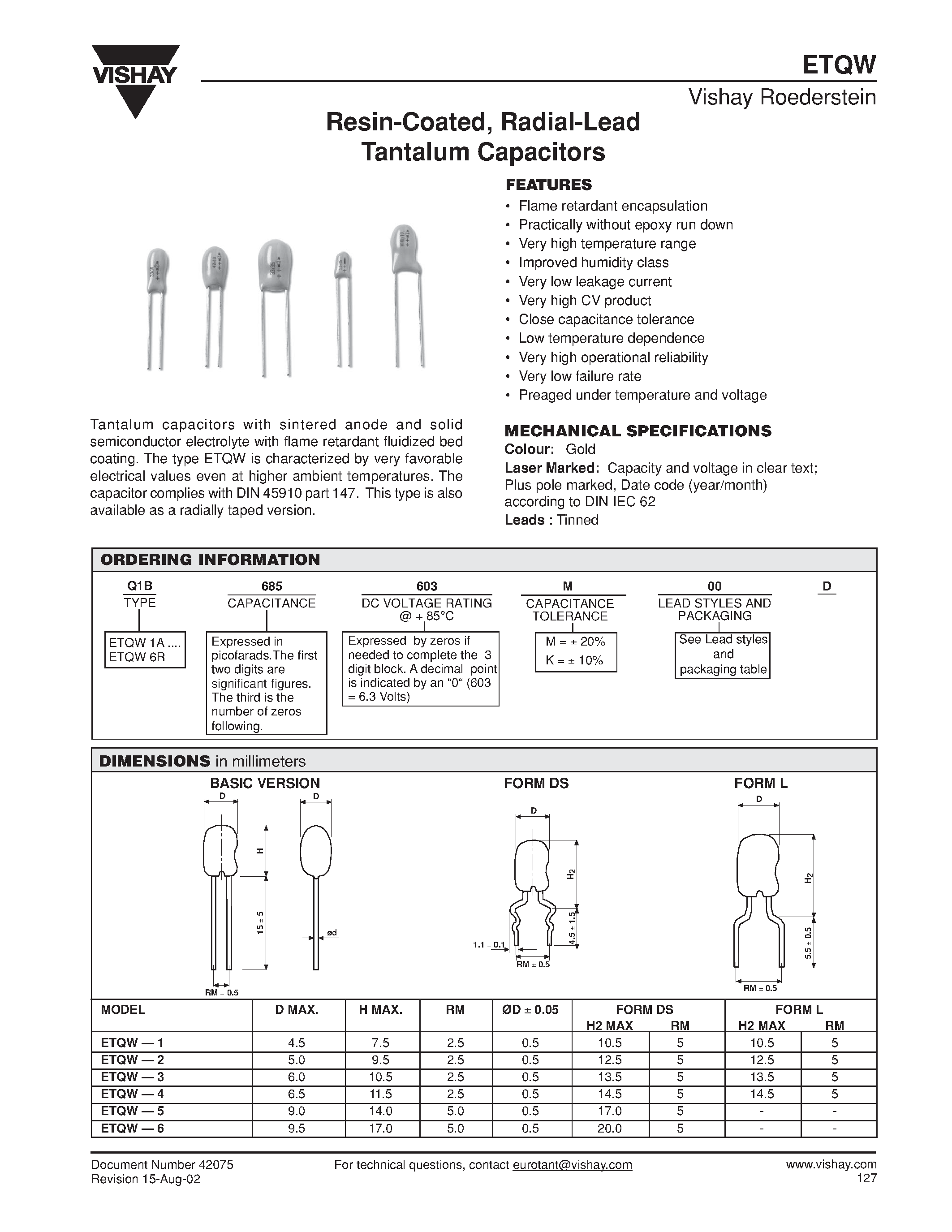 Datasheet ETQW - RESIN-COATED / RADIAL-LEAD TANTALUM CAPACITORS page 1
