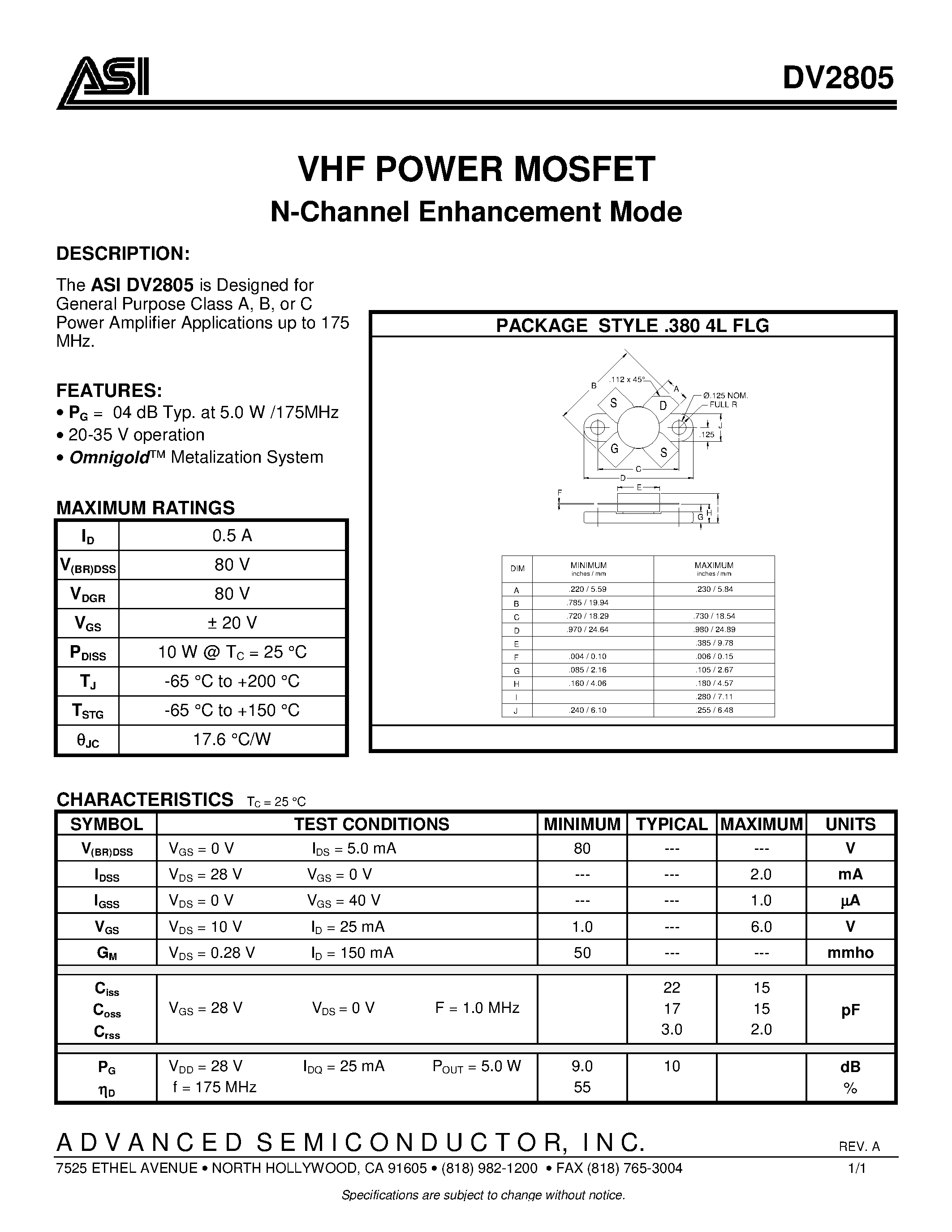 Datasheet DV2805 - VHF POWER MOSFET N-Channel Enhancement Mode page 1
