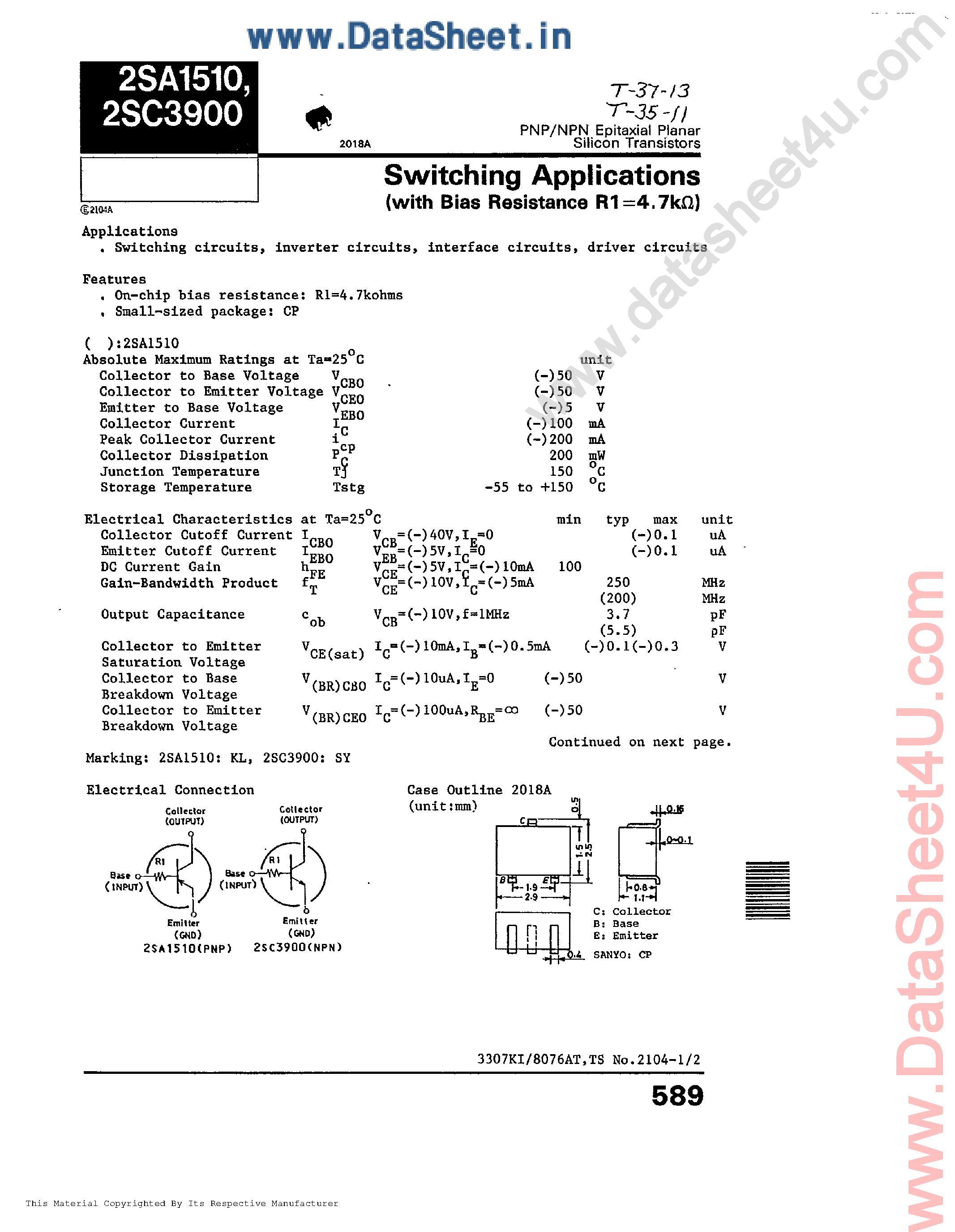 Datasheet 2SA1510 - Switching Applications page 1