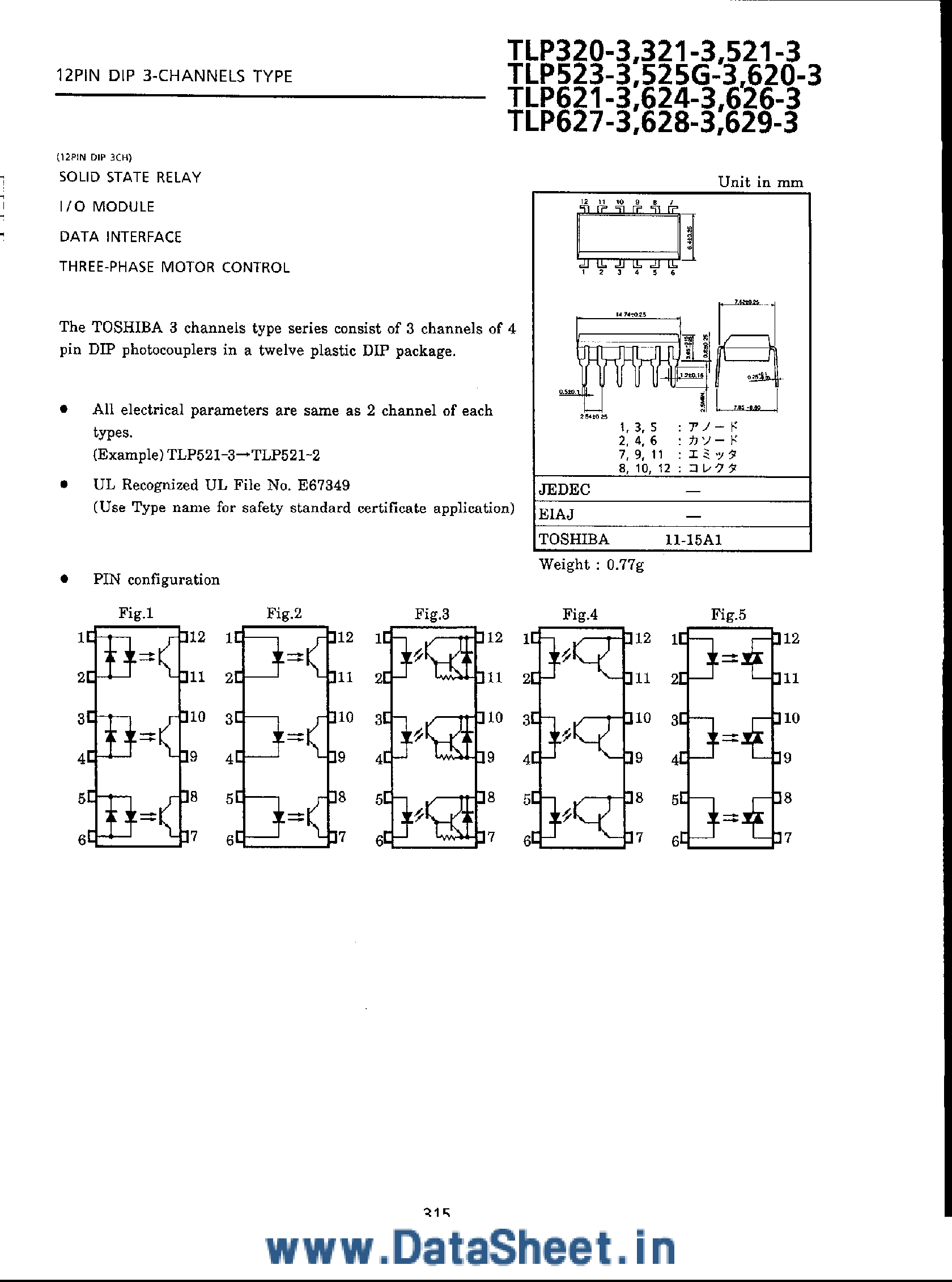 Datasheet TLP320-3 page 1 Datasheet TLP320-3 - (TLPxxx-x) 12Pin DIP 3-Channels Type page 1