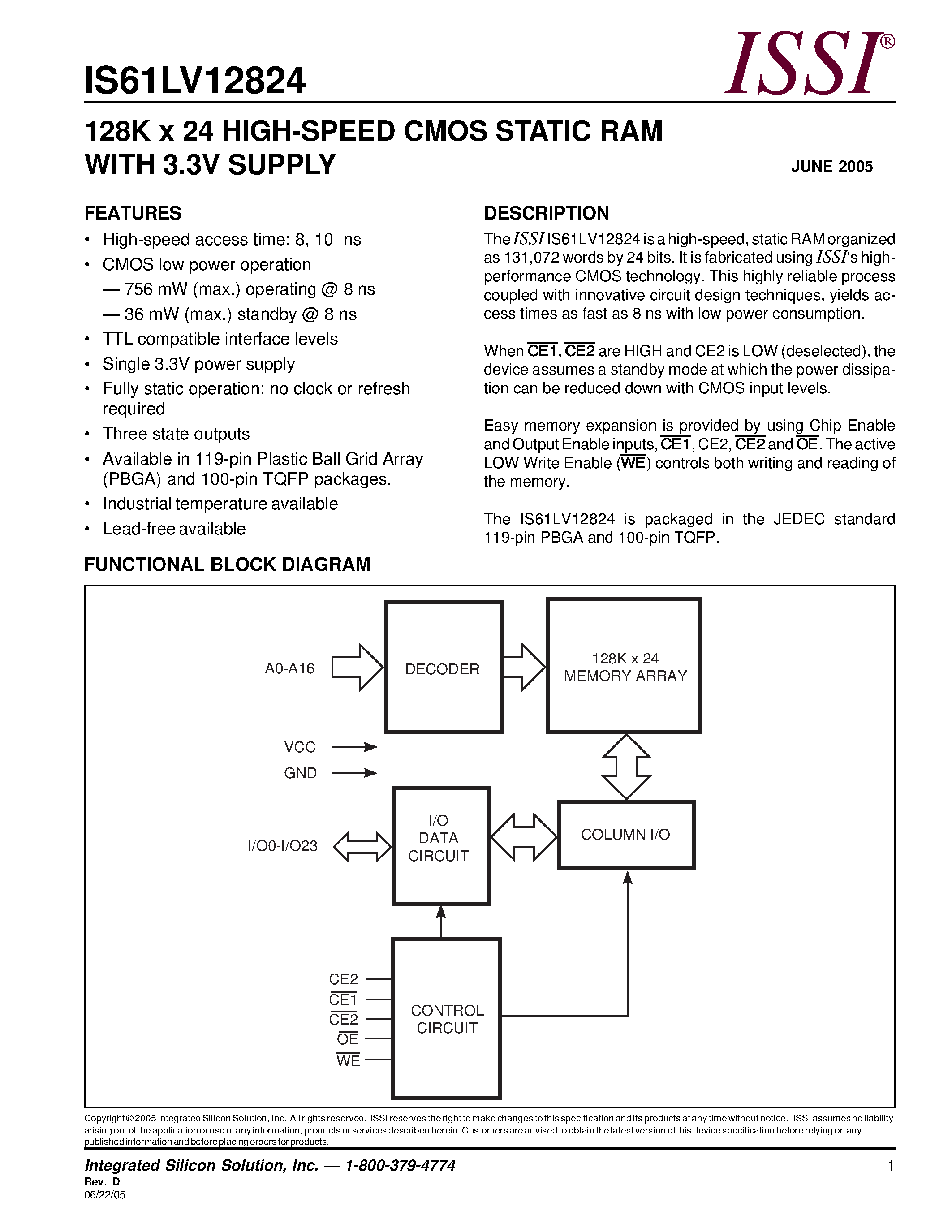 Даташит IS61LV12824 - 128K x 24 HIGH-SPEED CMOS STATIC RAM WITH 3.3V SUPPLY страница 1