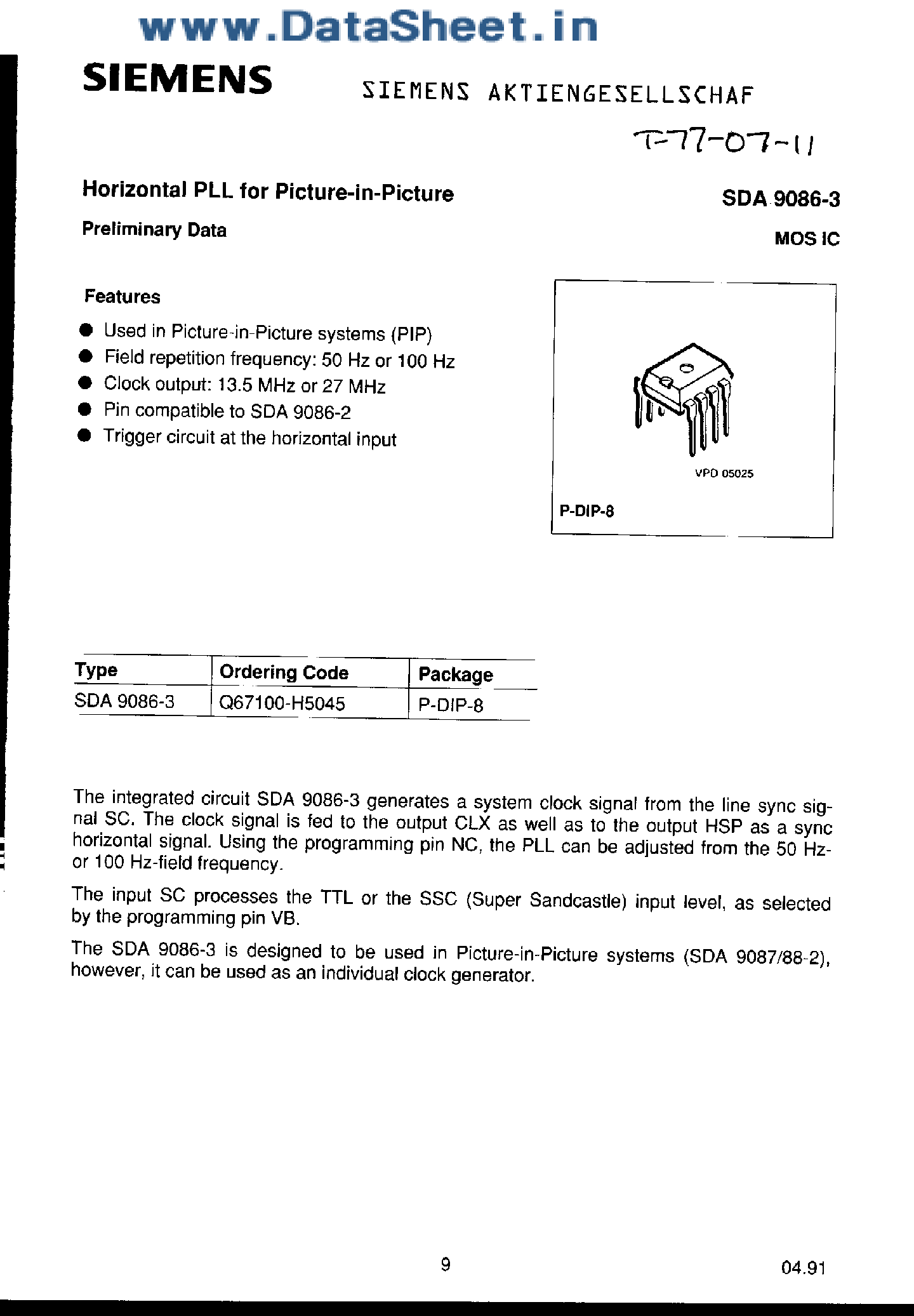 Datasheet SDA9086-3 - Horizontal PLL for Picture-in-Picture page 1