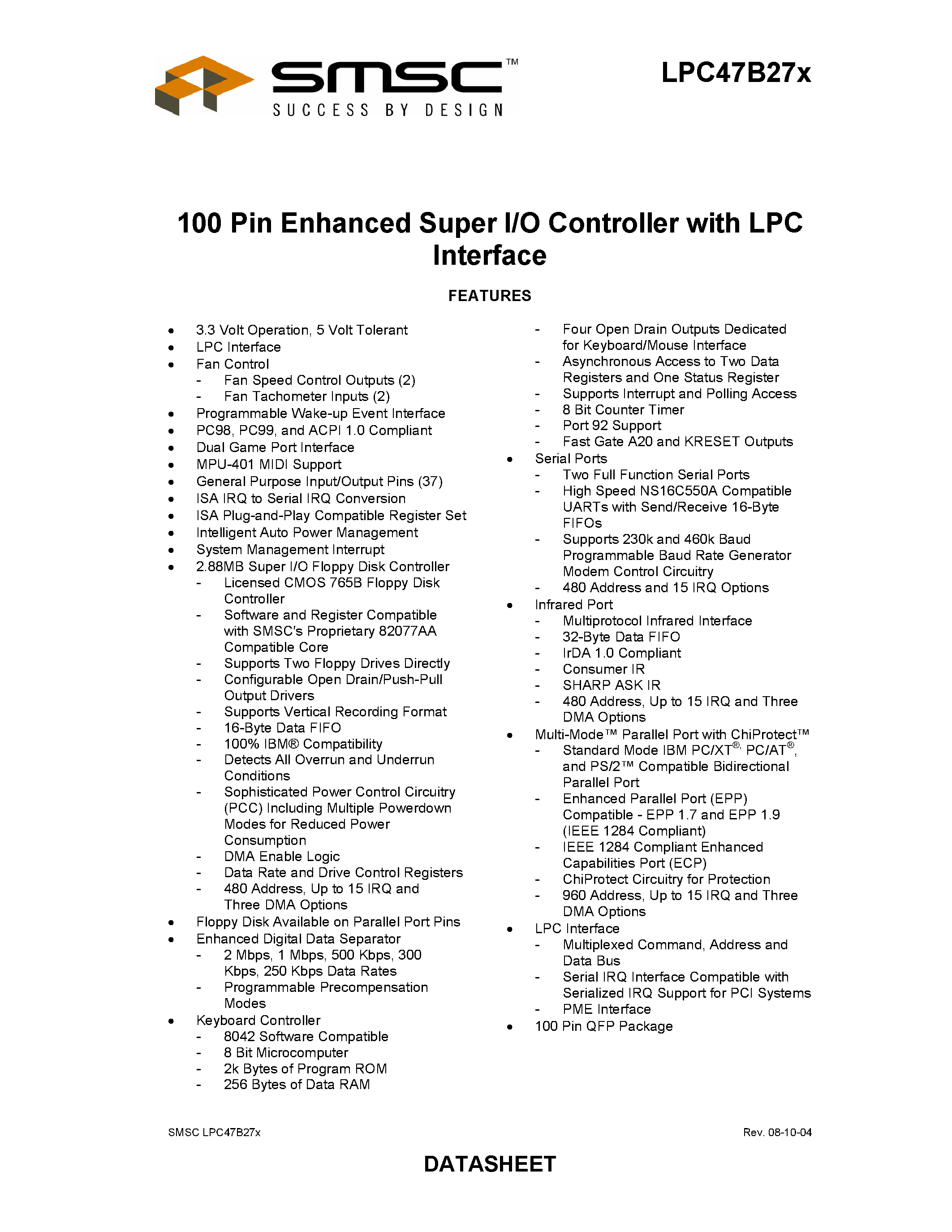 Datasheet LPC47B27X - 100 PIN ENHANCED SUPER I/O CONTROLLER WITH LPC INTERFACE page 1