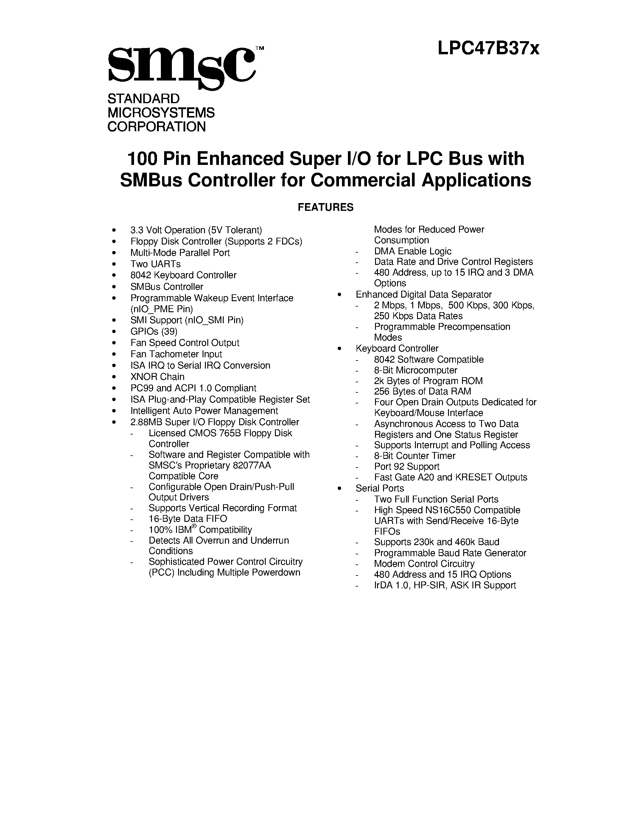 Datasheet LPC47B37X - 100 PIN ENHANCED SUPER I/O page 1