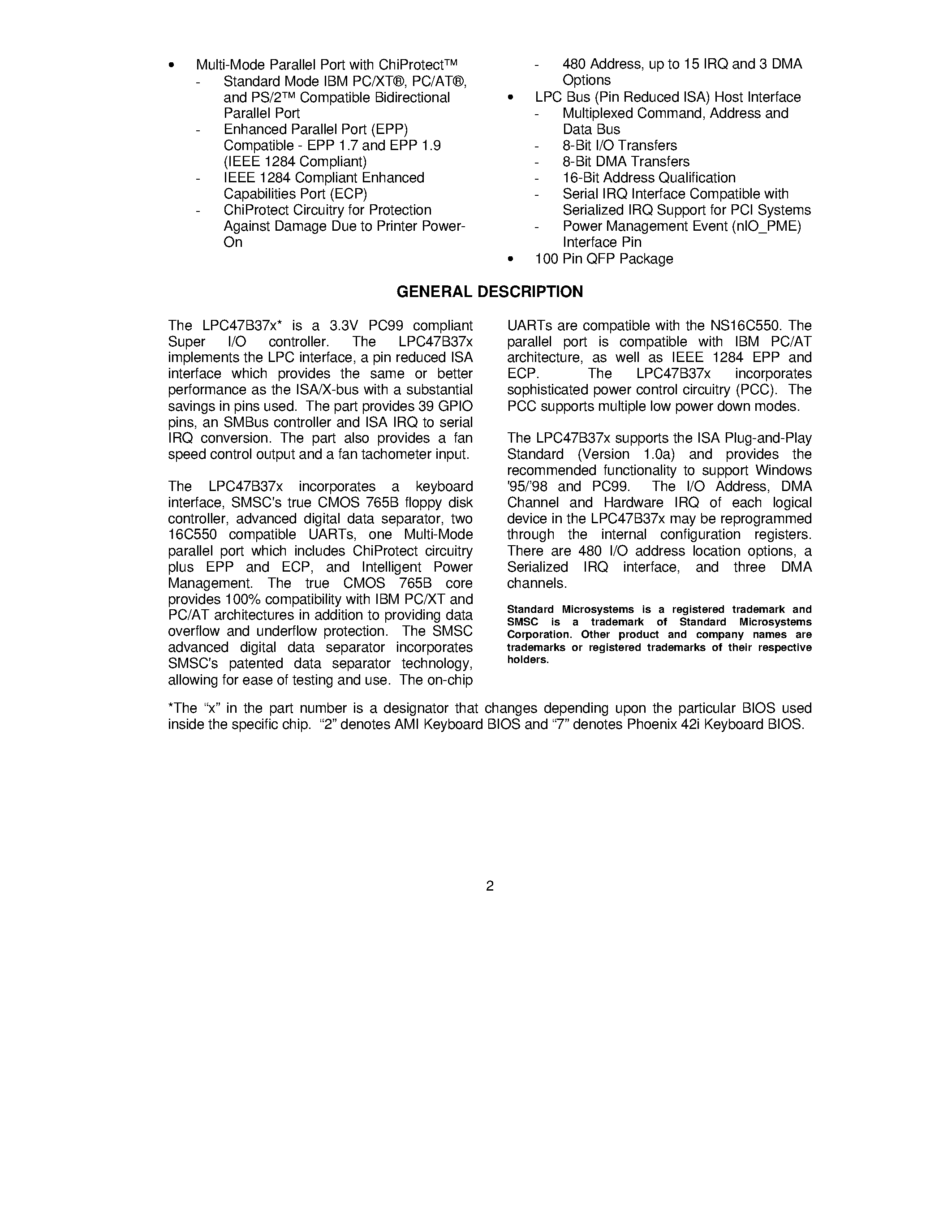 Datasheet LPC47B37X - 100 PIN ENHANCED SUPER I/O page 2