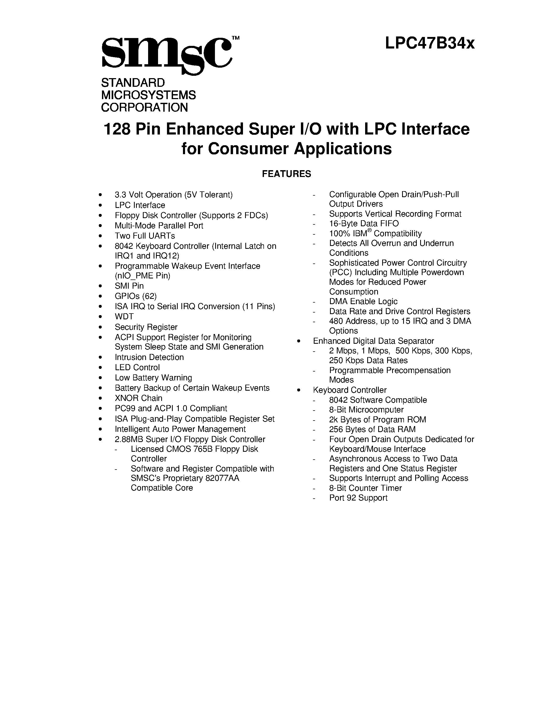 Datasheet LPC47B34X - 128 PIN ENHANCED SUPER I/O page 1
