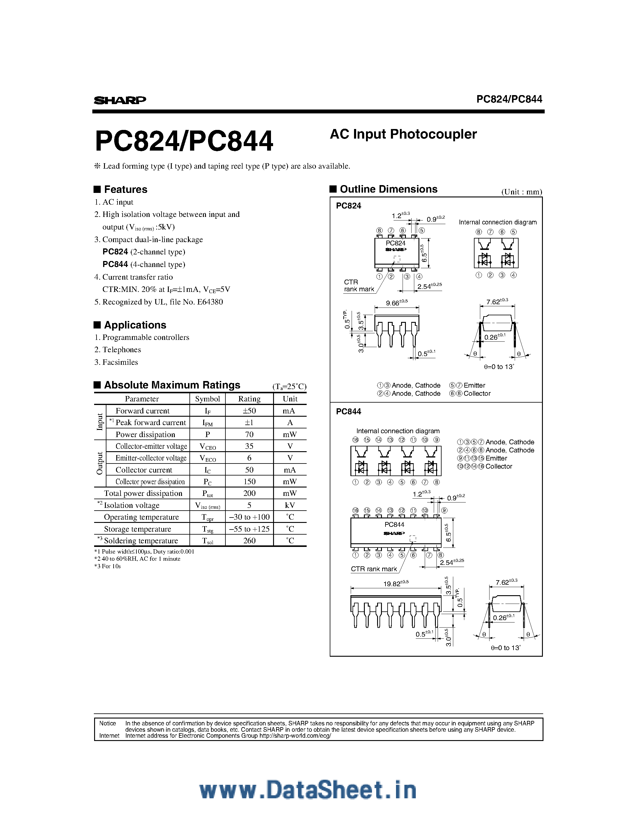 Datasheet PC824 - (PC824 / PC844) High ISOlation Voltage / ac Input Response 2-ch Photocoupler page 1