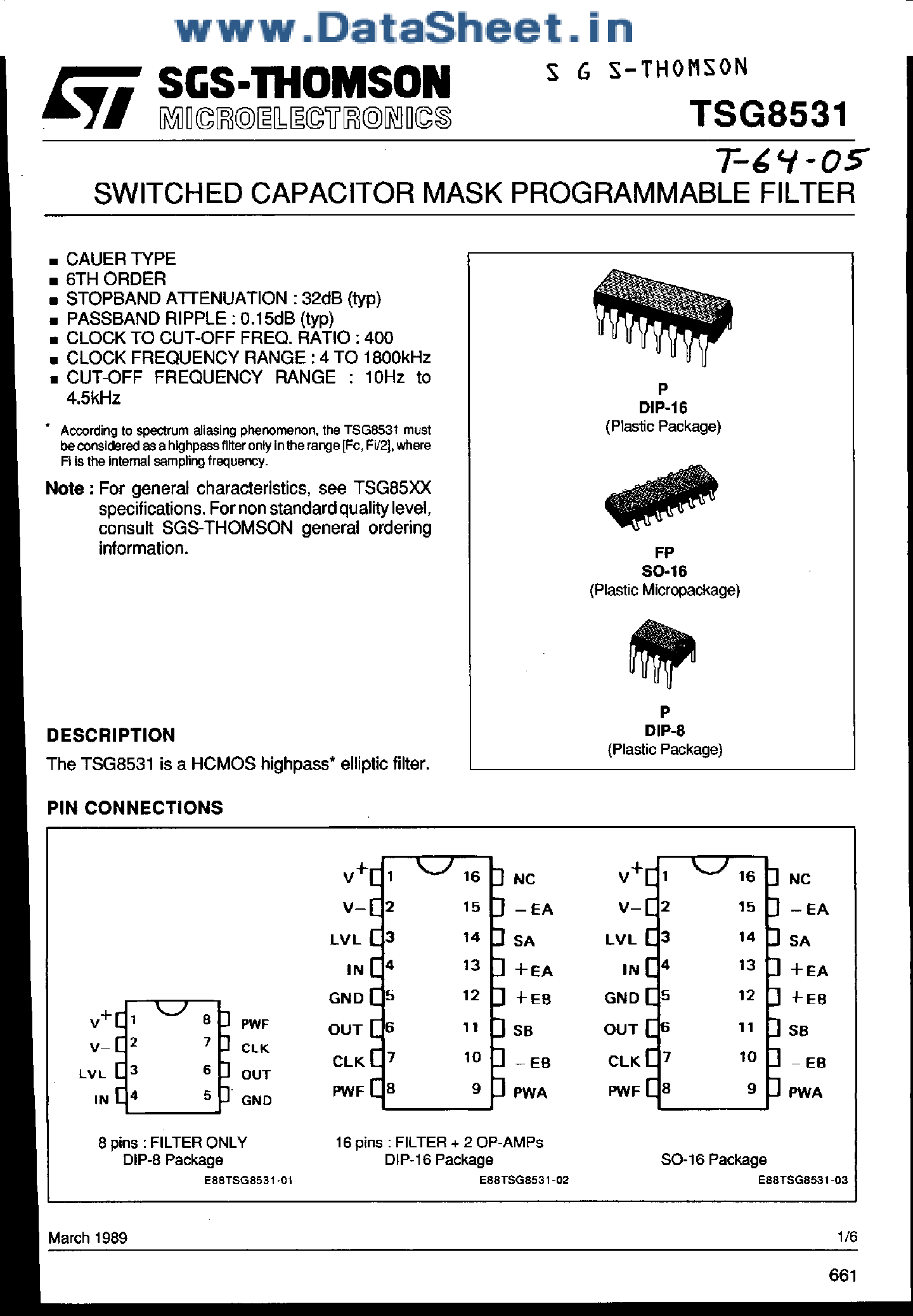 Datasheet TSG8531 page 1 Datasheet TSG8531 - Switched Capacitor Mask Programmable Filter page 1