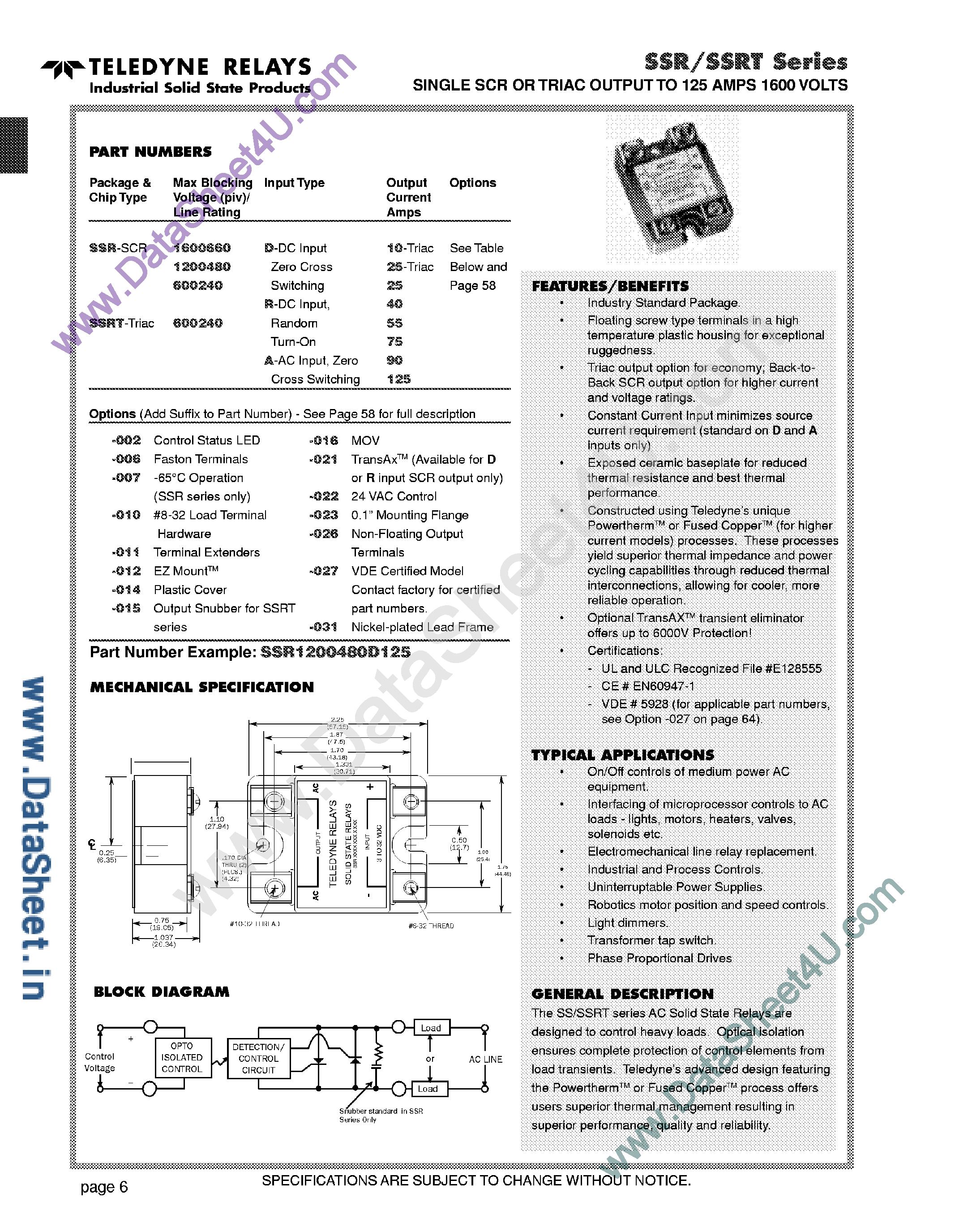 Datasheet SSR1200480 - (SSRxxxx) Single SCR or Triac Output to 125 Amps 1600 Volts page 1