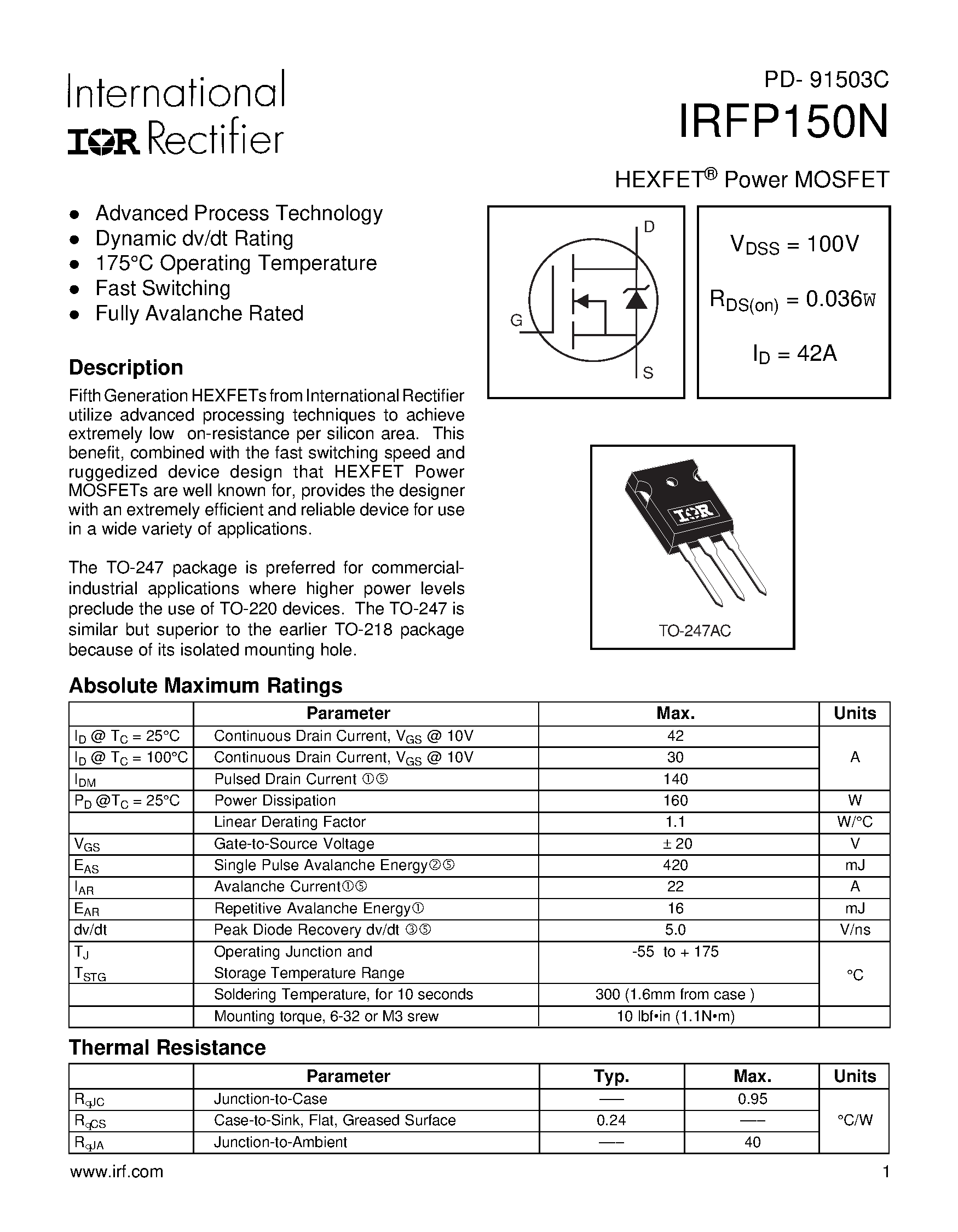 Datasheet IRFP150N - Power MOSFET page 1