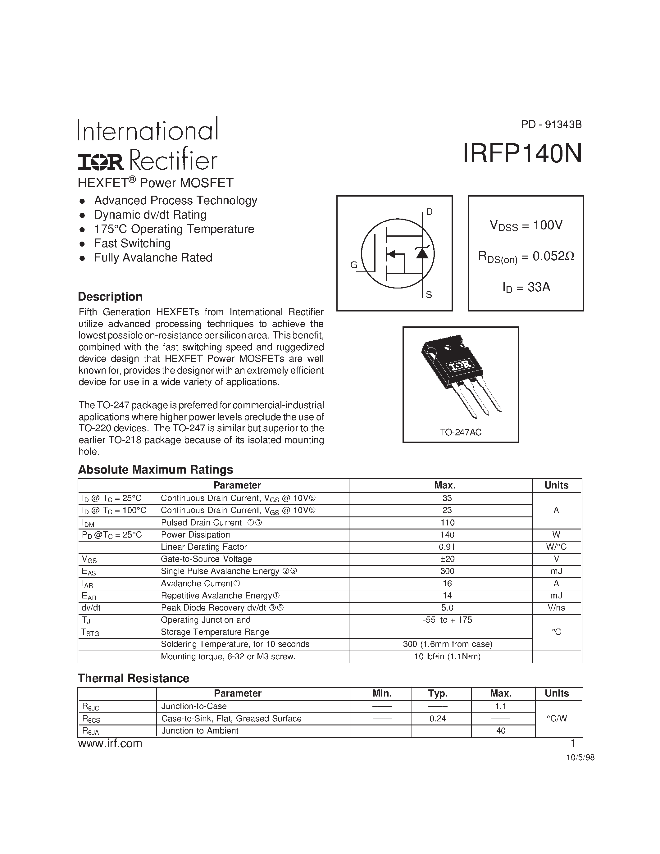 Даташит IRFP140N - Power MOSFET страница 1