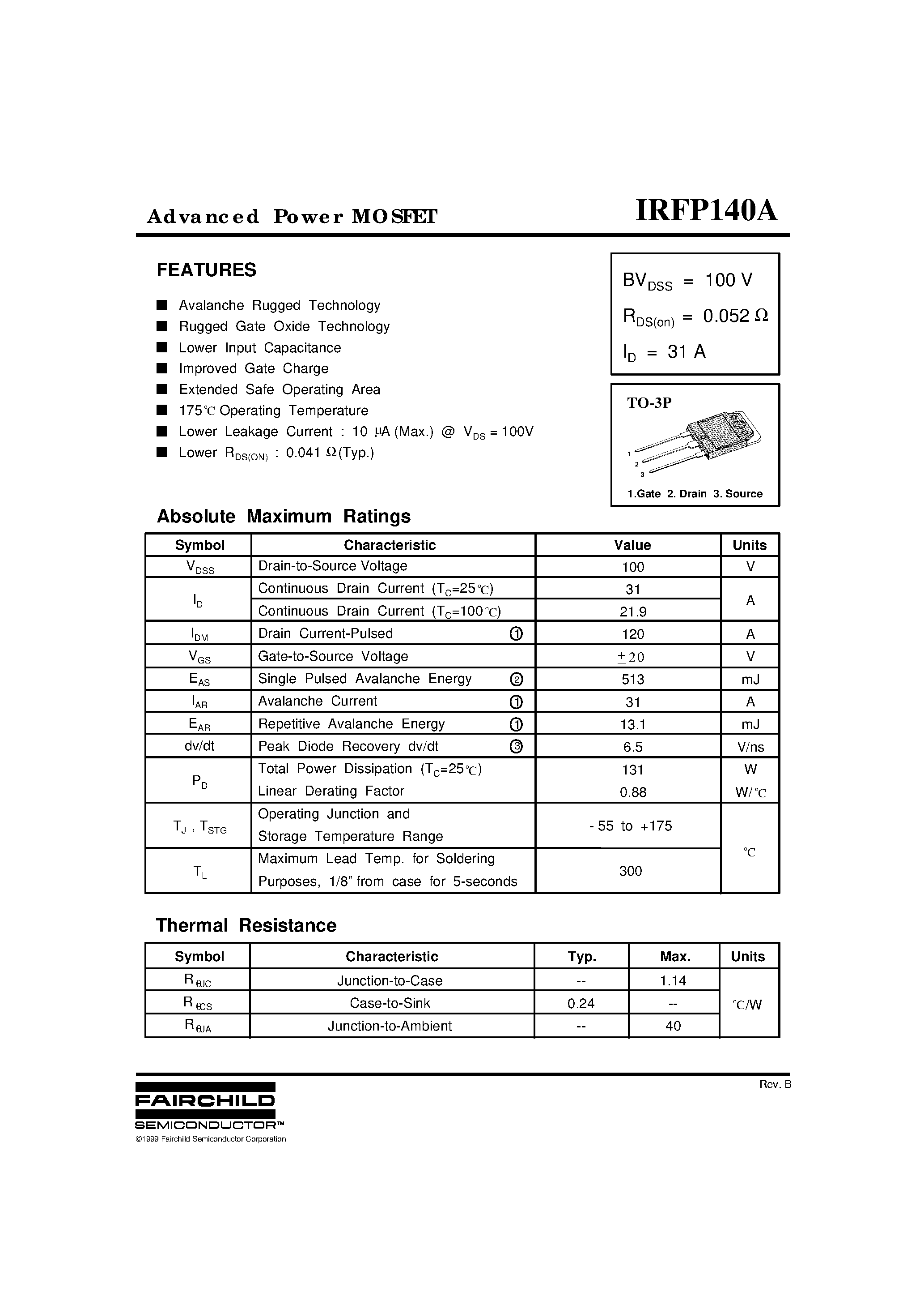 Datasheet IRFP140A - Advanced Power MOSFET page 1