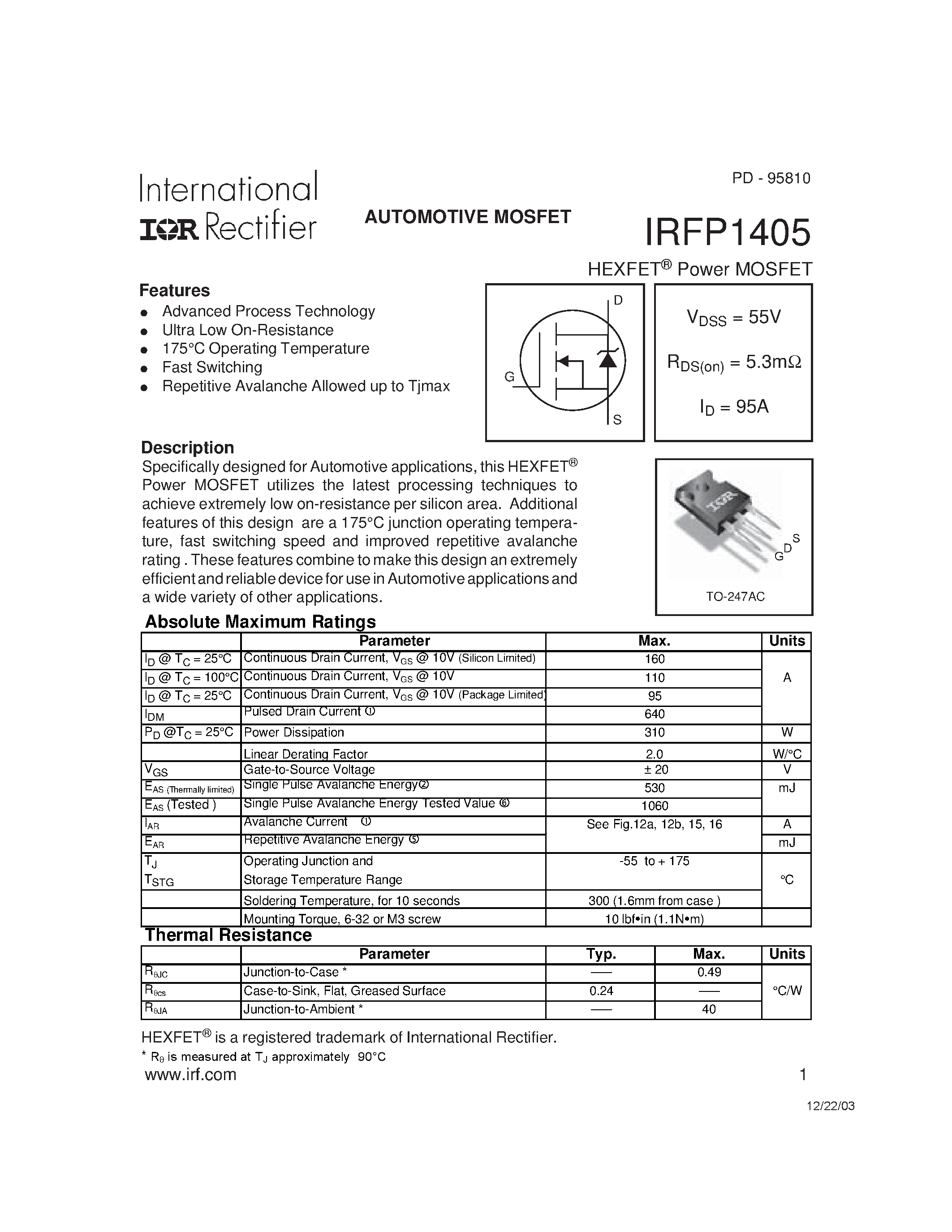 Даташит IRFP1405 - AUTOMOTIVE MOSFET страница 1