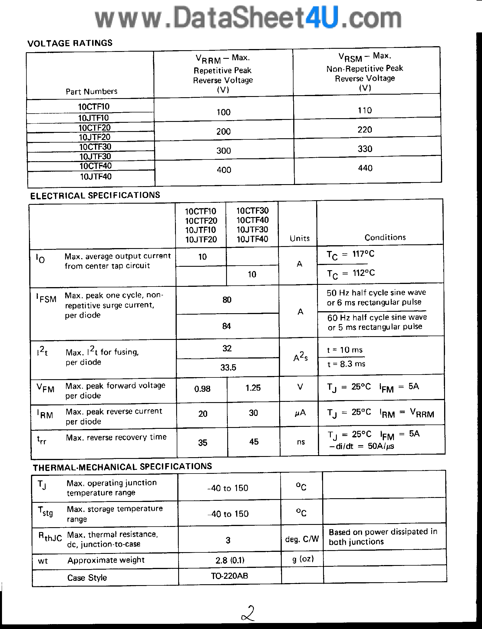 Datasheet 10CTF10 - 10 Amp Ultrafast Recovery / Dual Center Tap Rectifiers page 2