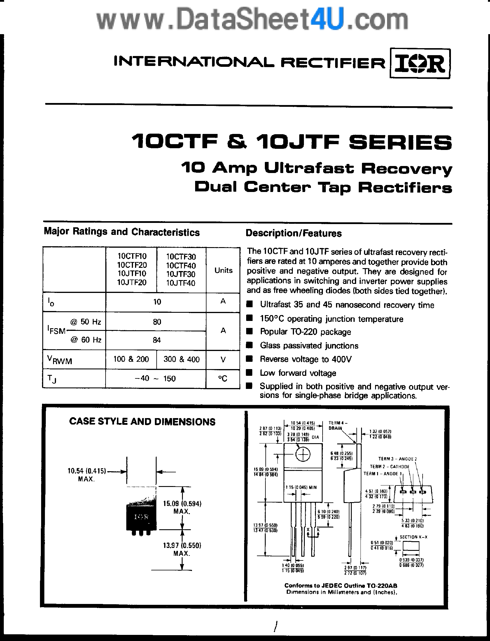 Datasheet 10JTF20 page 1 Datasheet 10JTF20 - 10 Amp Ultrafast Recovery / Dual Center Tap Rectifiers page 1