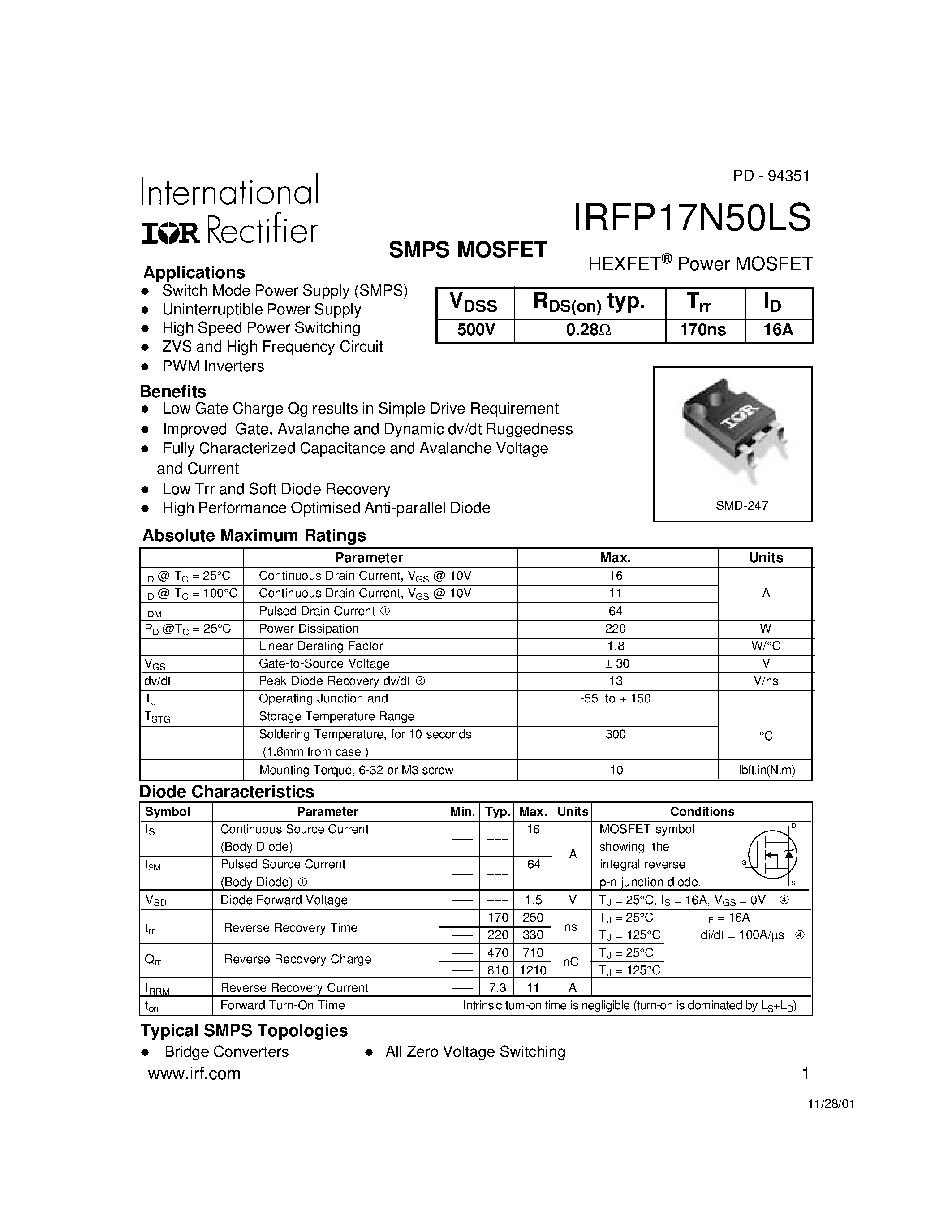 Даташит на микросхему IRFP17N50LS страница 1 Даташит IRFP17N50LS - Power MOSFET страница 1