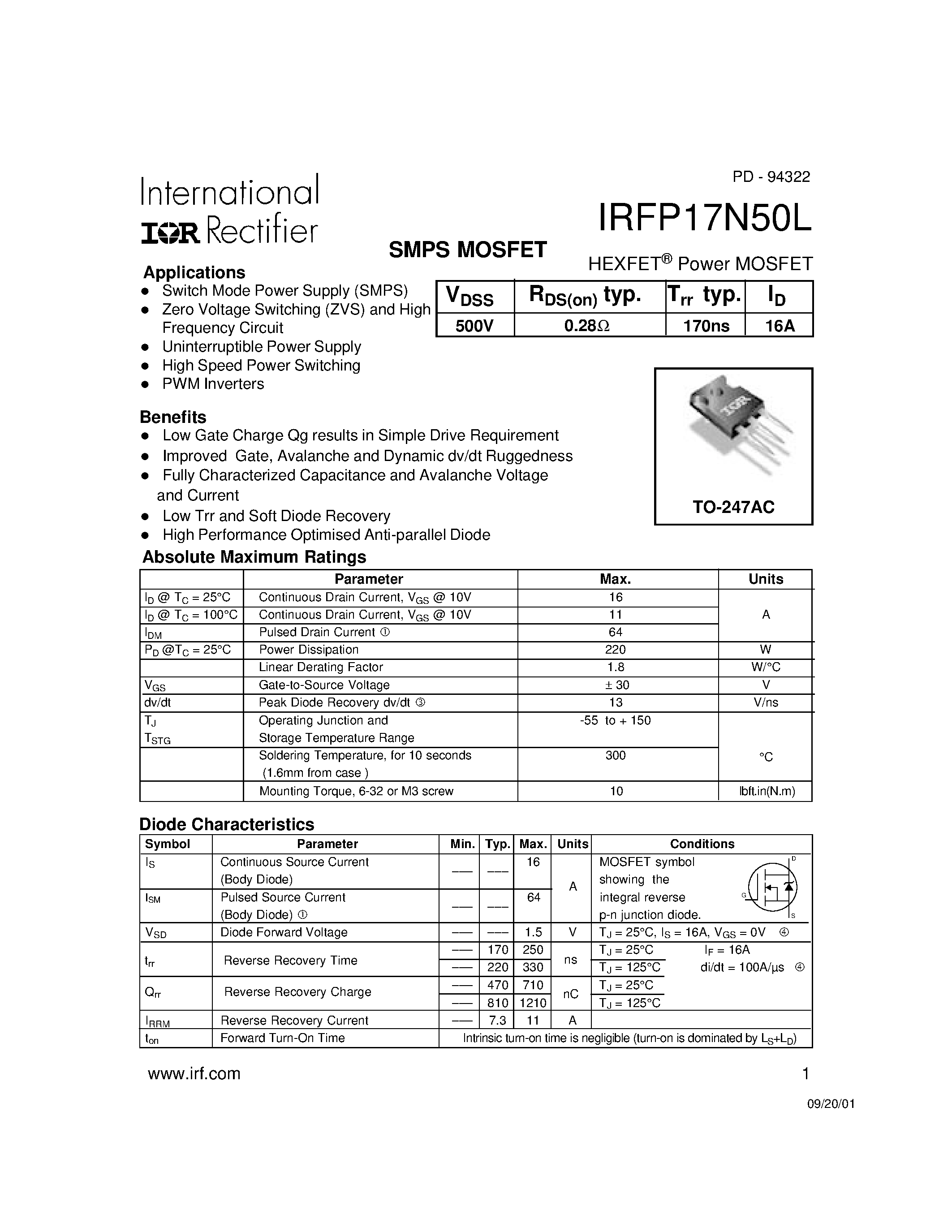 Даташит на микросхему IRFP17N50L страница 1 Даташит IRFP17N50L - Power MOSFET страница 1