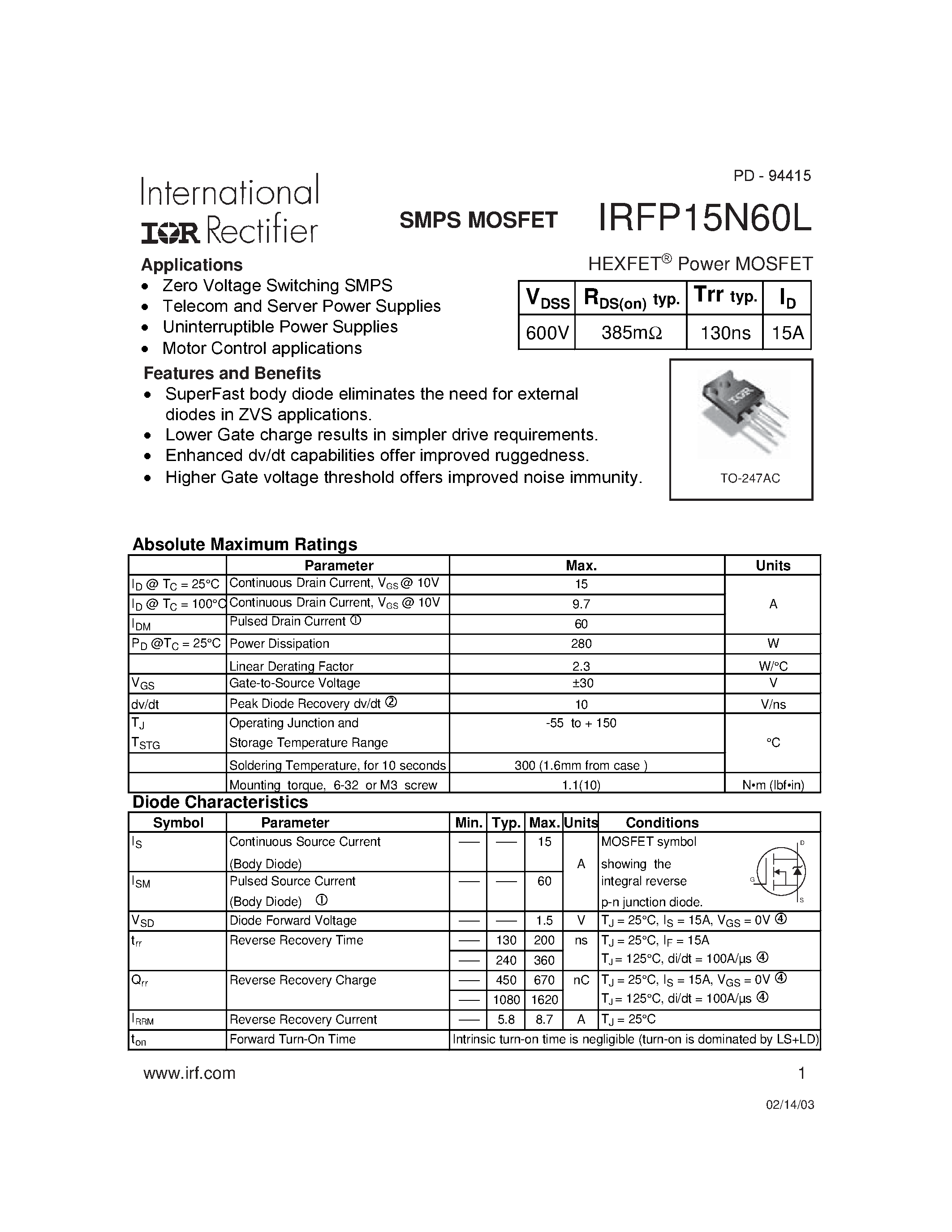 Datasheet IRFP15N60L - HEXFET Power MOSFET page 1