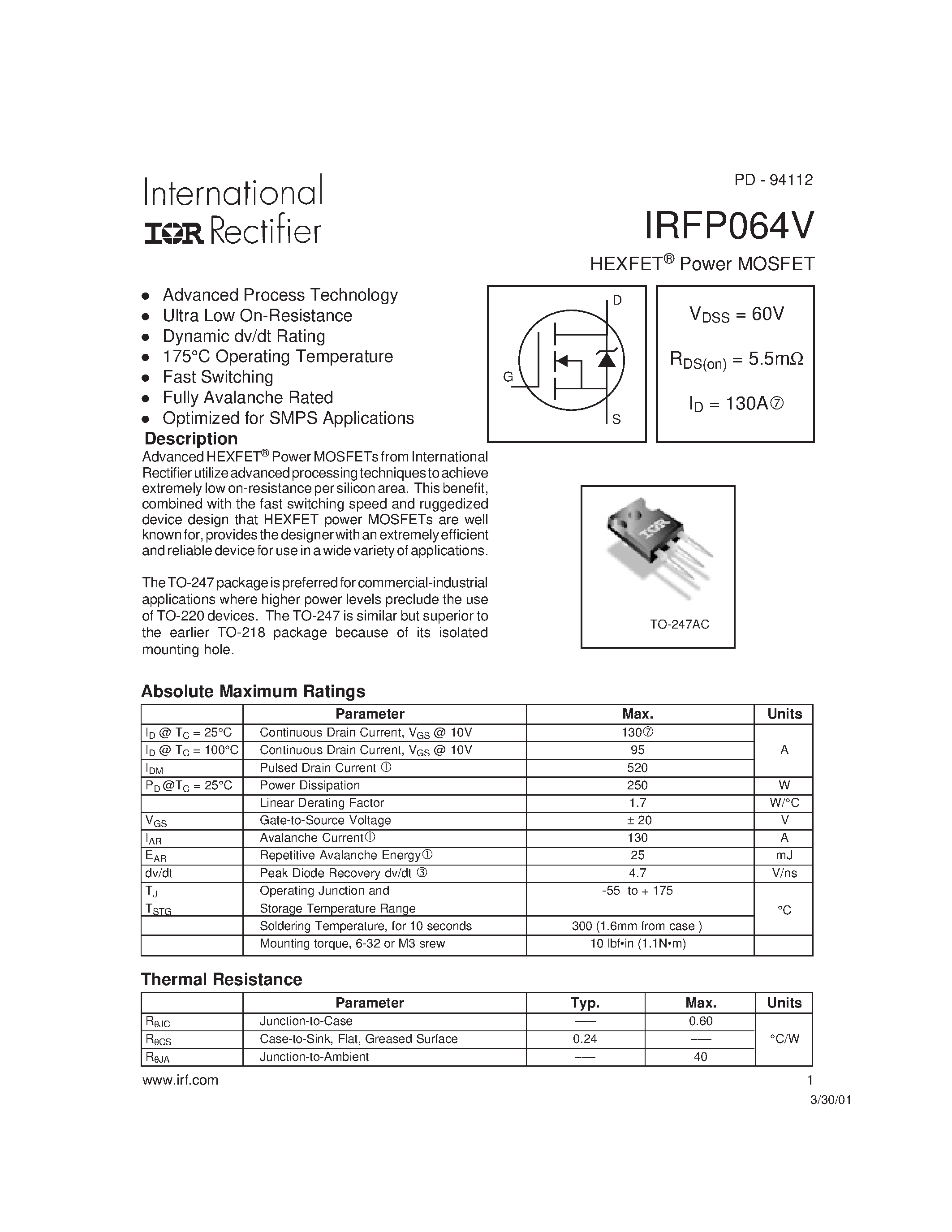 Даташит IRFP064V - Power MOSFET страница 1